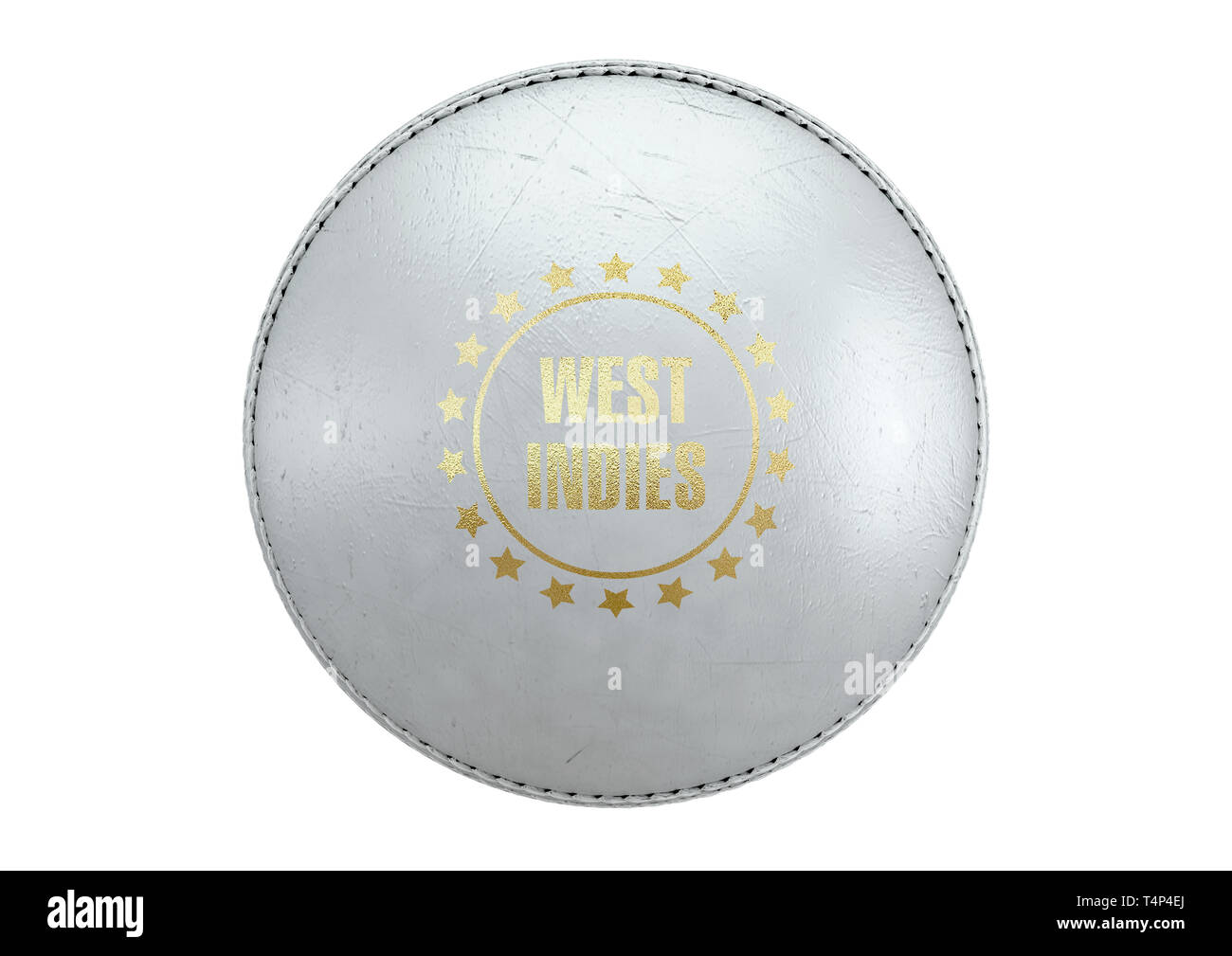 Una vista lateral de una bola de cricket blanco con una lámina de oro área de marca y el nombre del país de las Indias Occidentales en una aislada de fondo - 3D Render Foto de stock