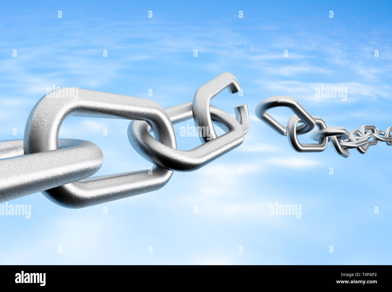 Representación 3D de la cadena rota contra un cielo azul Fotografía de stock Alamy