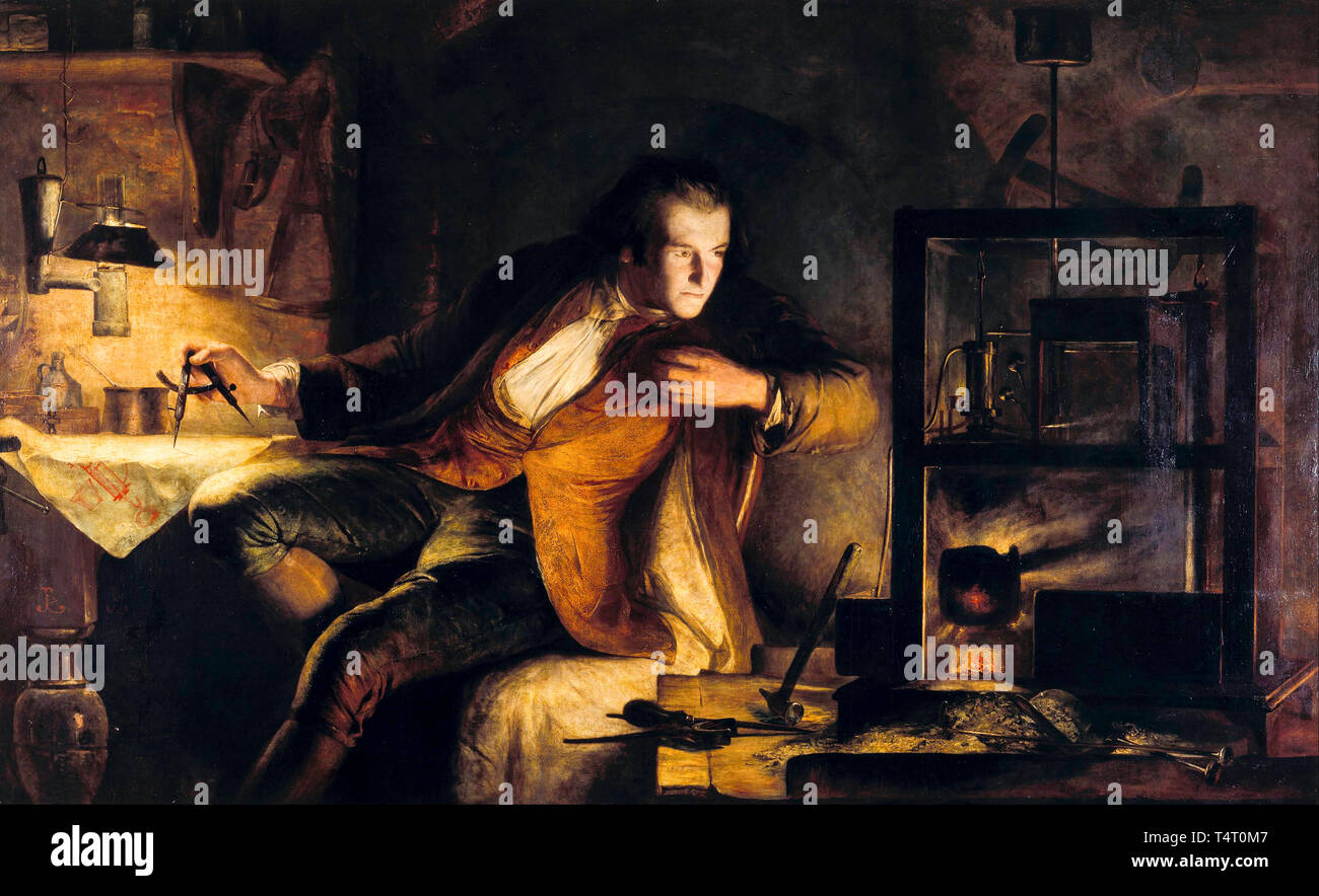 James Eckford Lauder, James Watt y la máquina de vapor, el alba del siglo XIX, La Revolución Industrial, pintura, 1855 Foto de stock