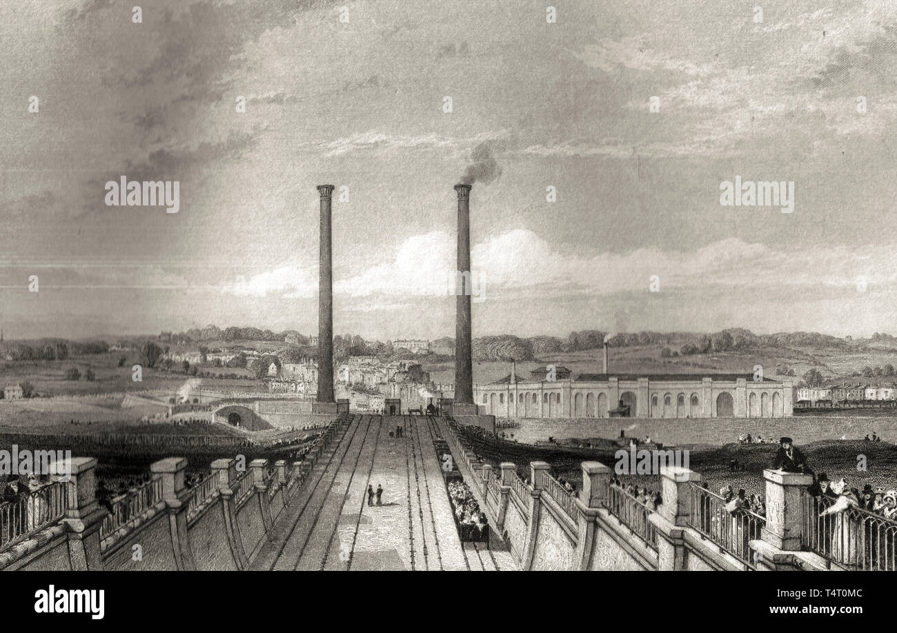 Camden Town Engine Works y chimeneas del motor inmóvil, construido sobre el ferrocarril de Londres y Birmingham, aguafuerte, Thomas Roscoe, 1839 Foto de stock
