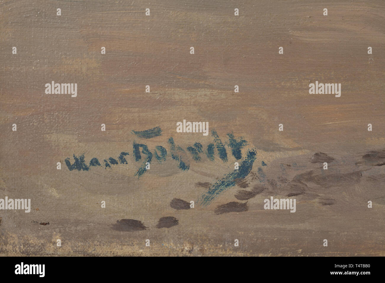 Johannes (Hans) Bohrdt (1857 - 1945) - Mar del Norte Breakers óleo sobre lienzo, firmado en la parte inferior izquierda Hans Bohrdt, sobre una camilla. Olas rompiendo en la playa bajo una cubierta irregular de las nubes con el sol brillando y reflejándose en el agua. Lienzo con reparaciones y desgarro (2 cm). Etiqueta con el nombre del artista, el título de la pintura y otros detalles en el reverso. Dimensiones totales de 101 x 71 cm. Las obras del famoso pintor alemán del Norte Profesor Johannes Bohrdt, quien tenía una preferencia por motivos marítimos, se muestran, entre otros, en las grandes exposiciones de arte alemán, sólo Editorial-Use Foto de stock