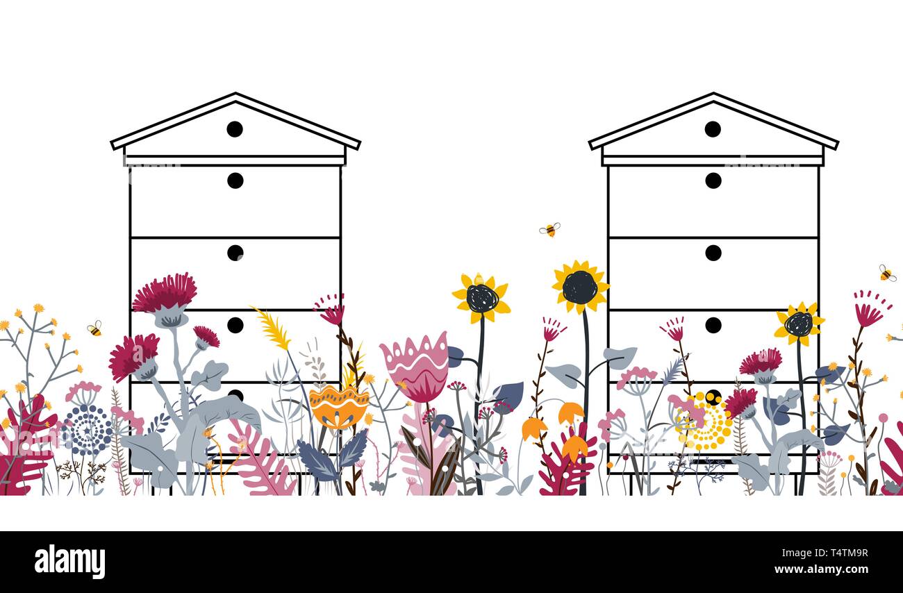 Brillante pradera perfecta frontera con colmenas, abejas y flores. Vector. Apiary concepto. Ilustración del Vector