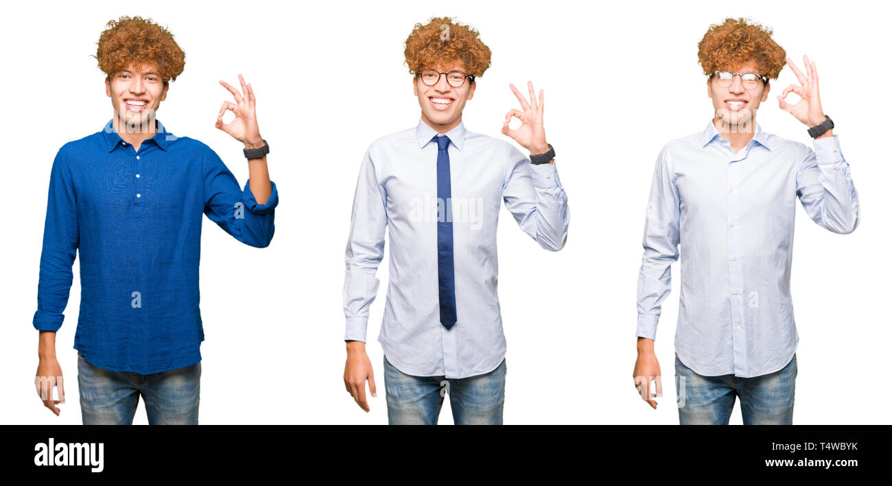 Collage de joven hombre de negocios con el pelo rizado con gafas ...