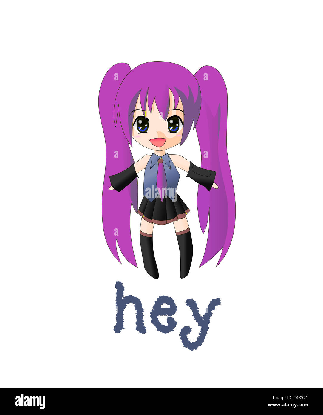 Anime chica saludo hola, un pop diciendo hola. Cartoon chica tiene largo  cabello púrpura en pig tails y botas altas en esta ilustración gráfica  Fotografía de stock - Alamy