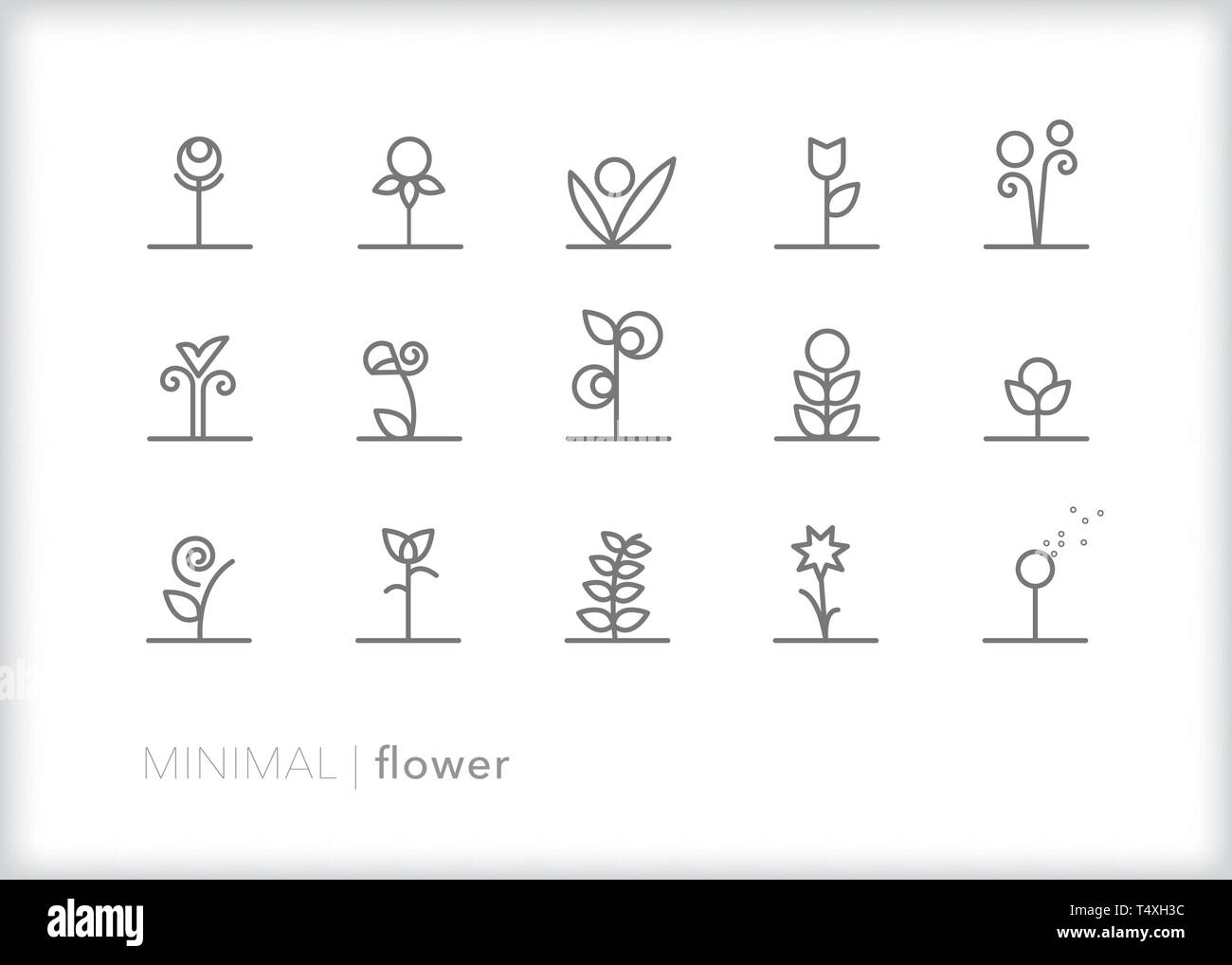 Set de 15 iconos de la línea de flores abstractas de flores, brotes y hojas empujando hacia arriba a través de la primavera o el verano suelo Ilustración del Vector