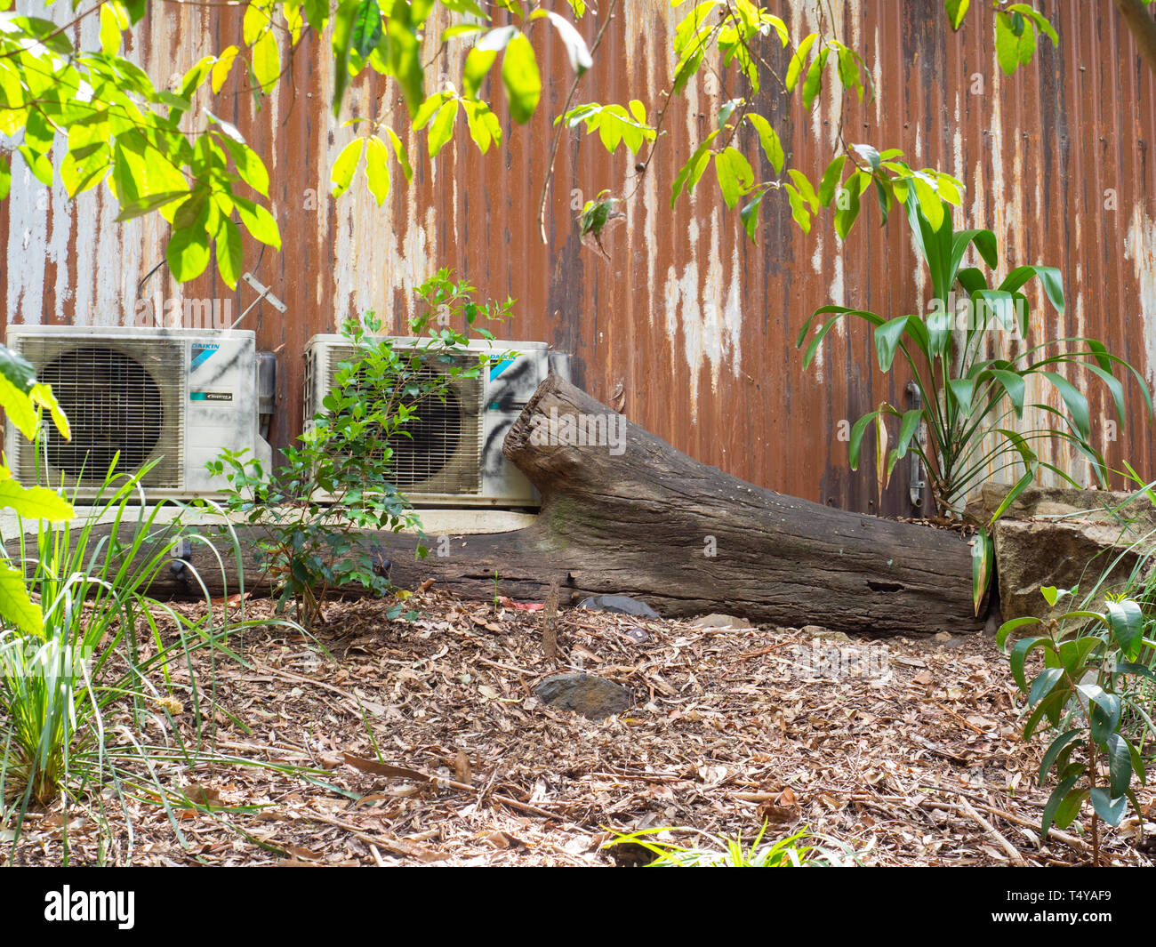 Dos unidades de aire acondicionado contra una pared de hierro oxidado en un jardín. Foto de stock