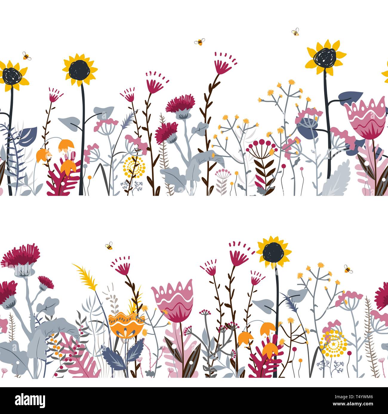 Naturaleza vectorial de fondo sin fisuras dibujadas a mano con hierbas silvestres, flores y hojas en blanco. Doodle estilo ilustración floral Ilustración del Vector