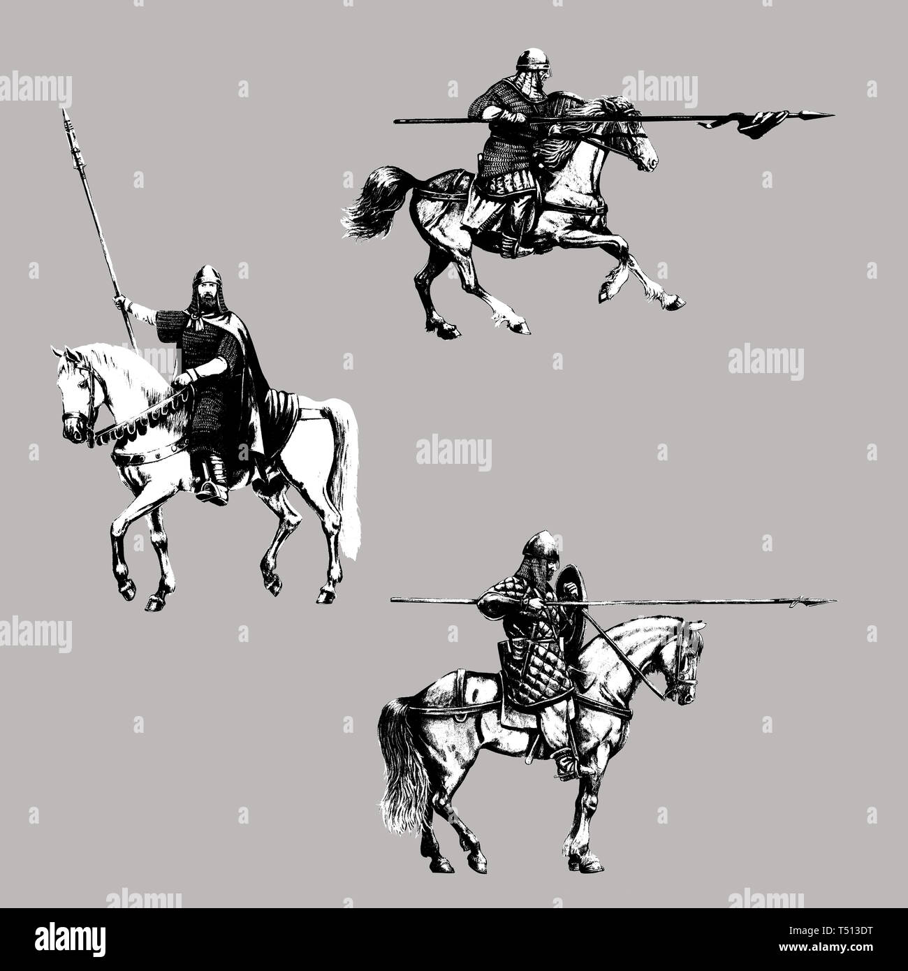 Montado medieval caballeros ilustración. Caballero a caballo. Conjunto de 3 cruzados medievales. Dibujo digital. Foto de stock