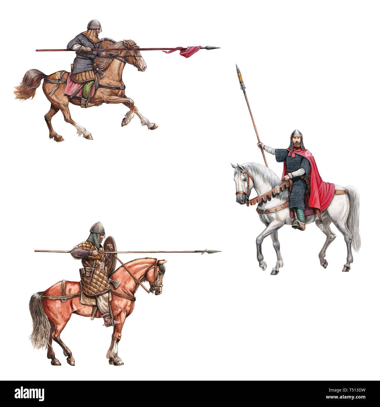 Montado medieval caballeros ilustración. Caballero a caballo. Conjunto de 3 cruzados medievales. Foto de stock