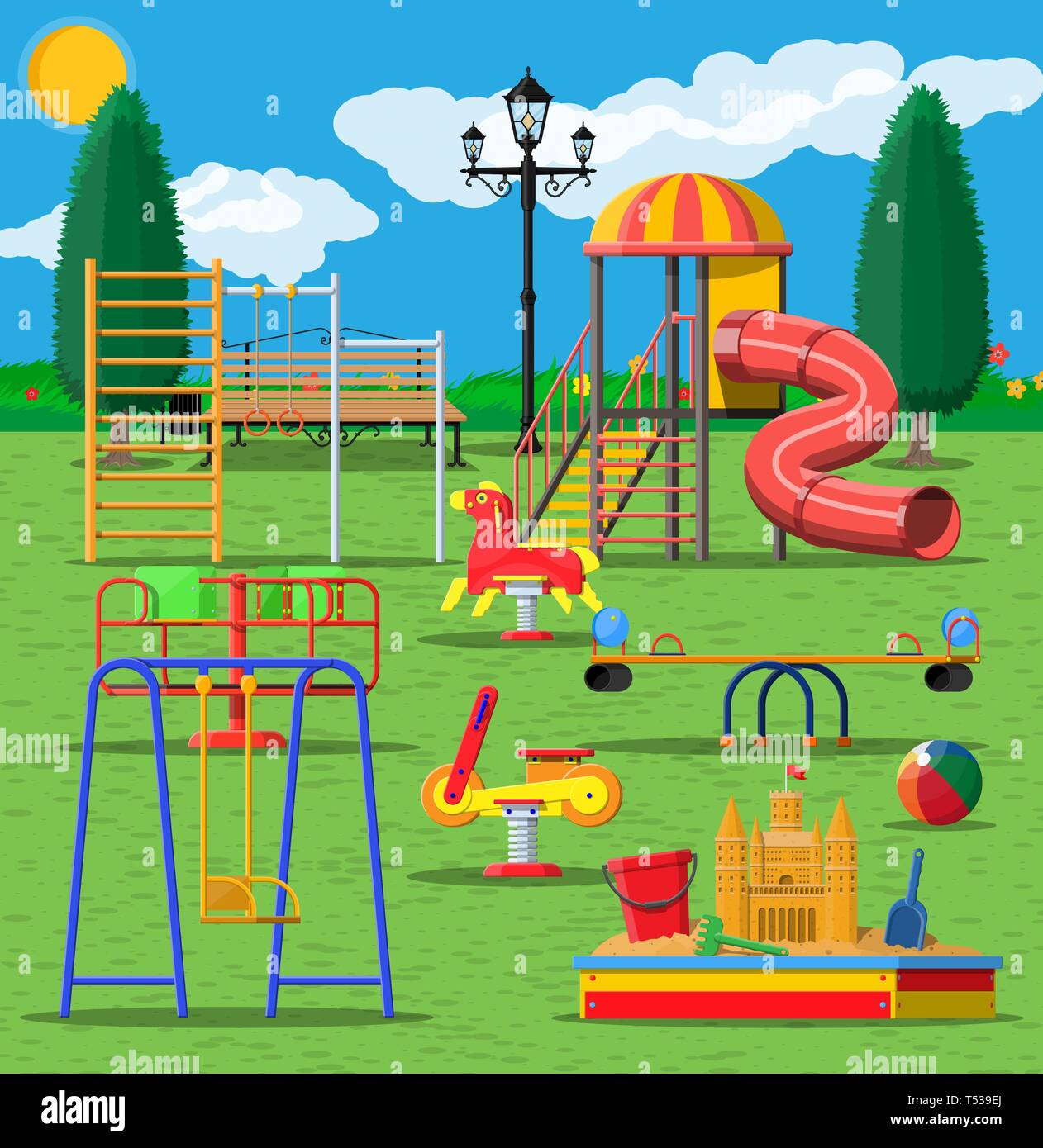 Juegos para niños de kindergarten panorama. Diversiones el niño urbano.  Deslice la escalerilla, balanceo de juguete en primavera, deslice el tubo,  columpio equilibrador del carrusel, sandbox cuchara Imagen Vector de stock -