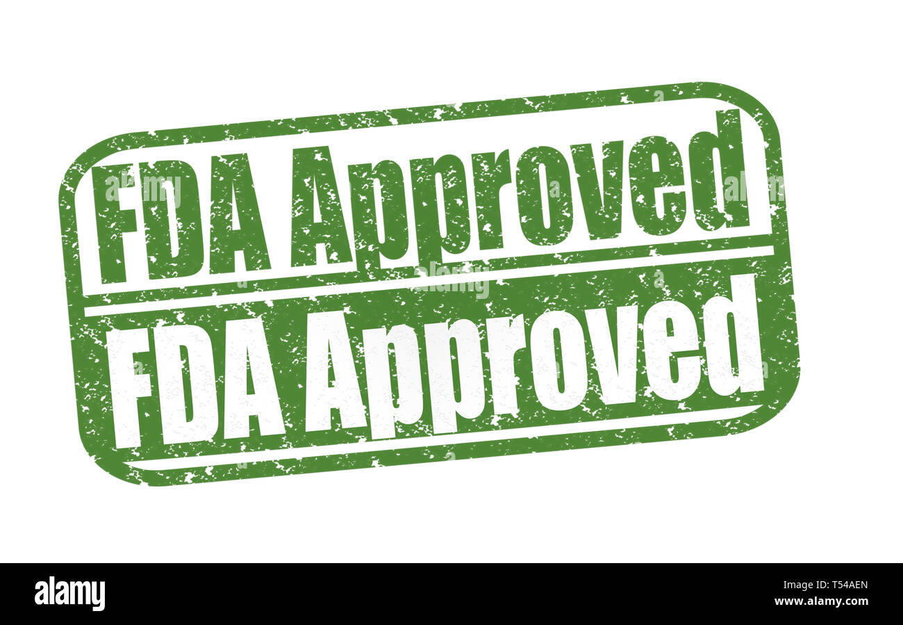 Sellos de goma, aprobados por la FDA (Food and Drug Administration) texto en blanco ilustración Foto de stock
