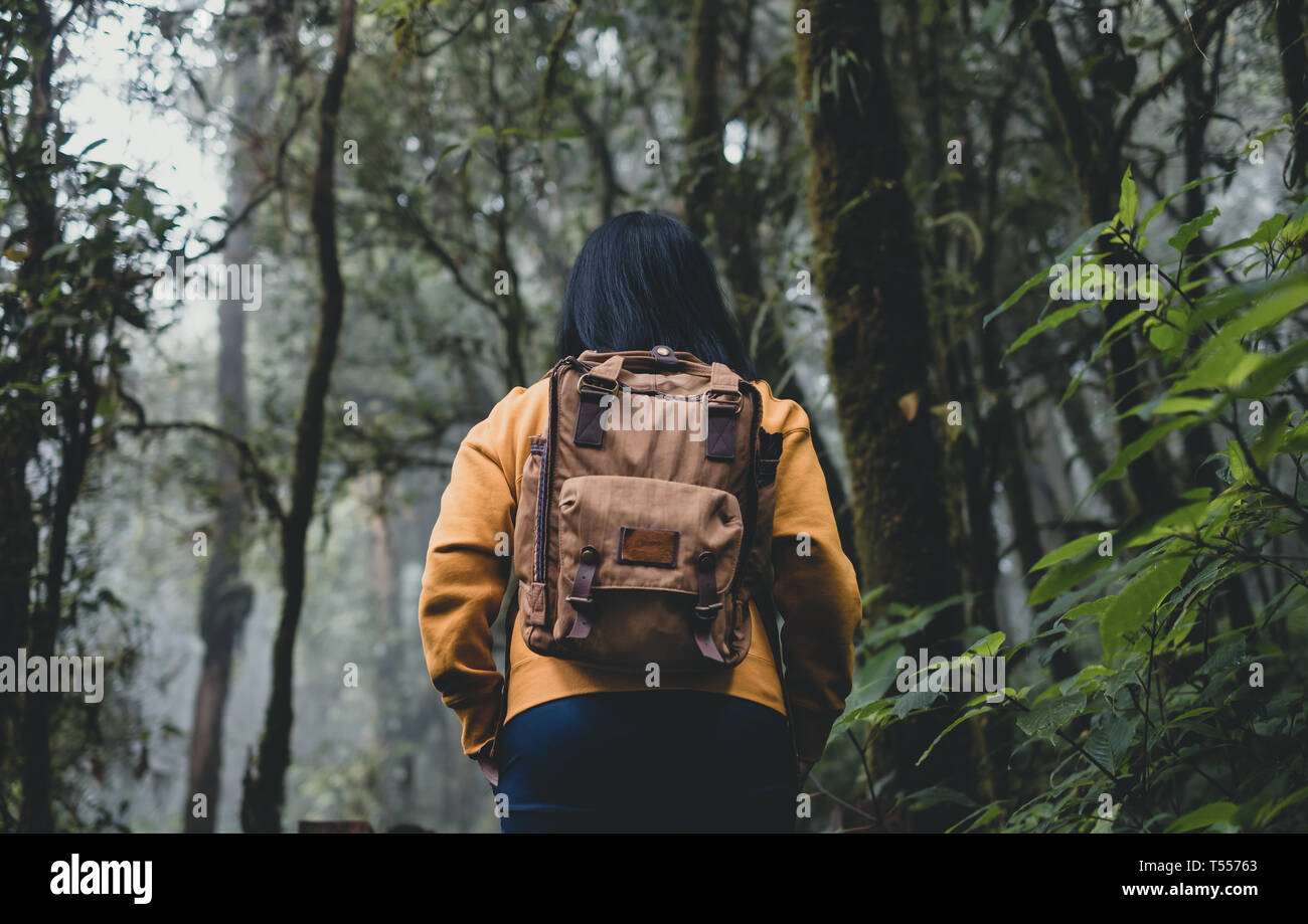 Mujer Asiática backpacker brazos arriba en foerest en senderos naturales,Vacaciones en rain forest Foto de stock