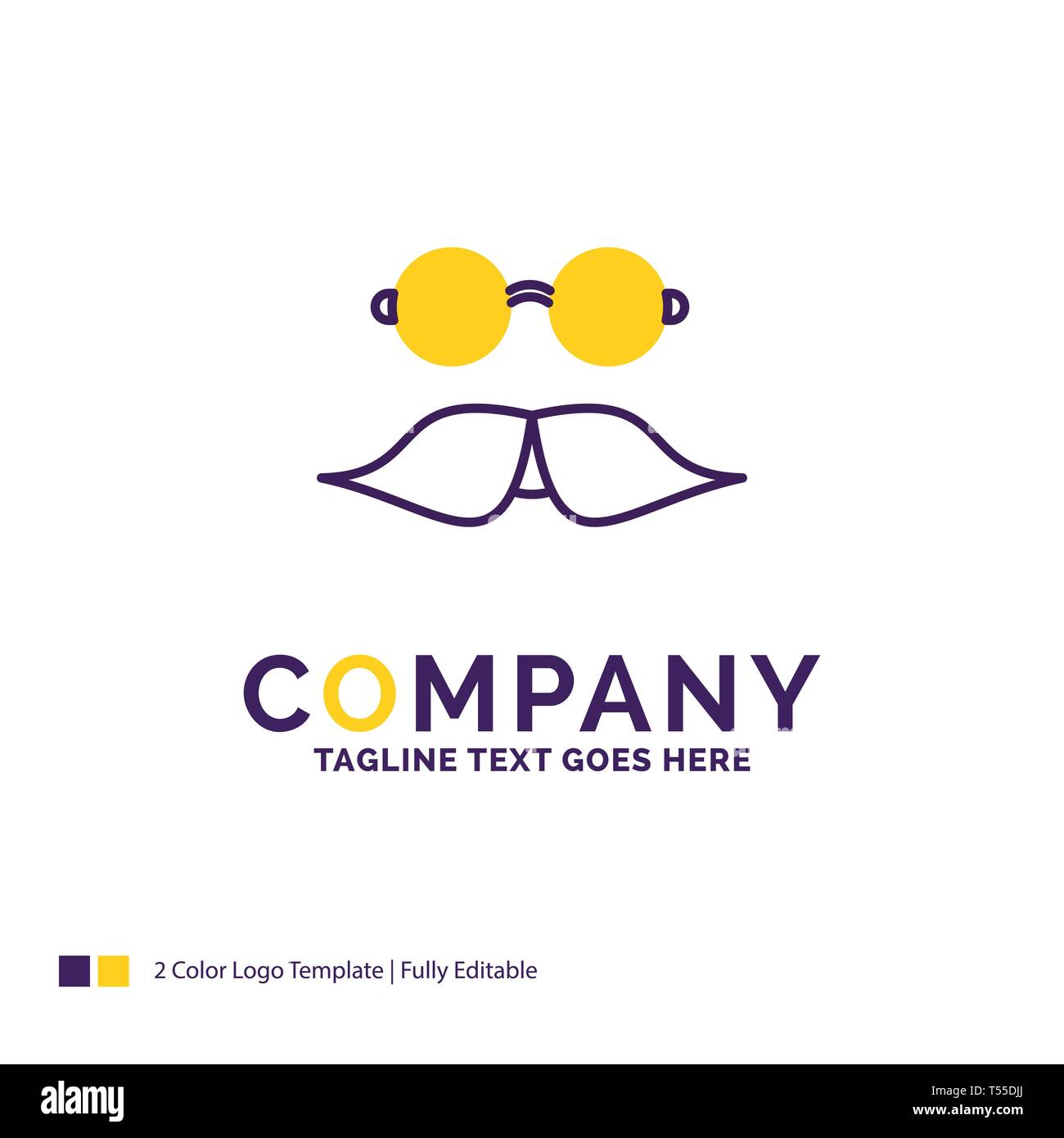 Nombre de la empresa diseño de logotipo para el bigote, Hipster, movember,  gafas, hombres. Púrpura y amarillo Diseño de Marca con lugar para el  tagline. Logotipo creativo tem Imagen Vector de stock -