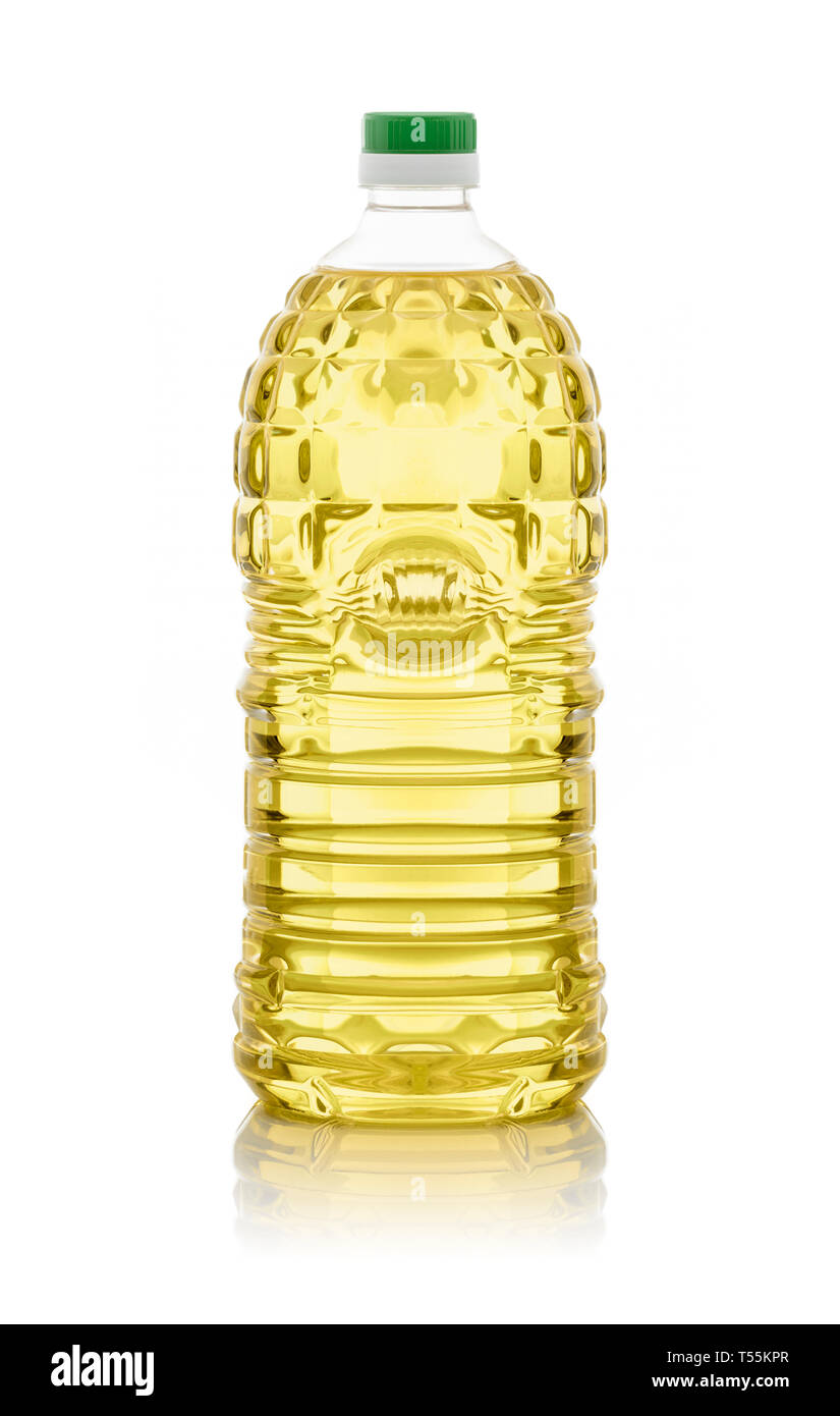 Un recipiente de aceite de girasol aislado sobre fondo blanco. Foto de stock