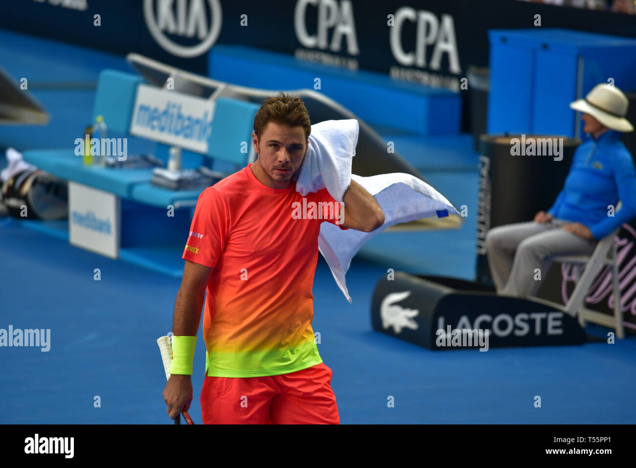 Stan Wawrinka, un jugador profesional suizo de tenis, jugó en el Abierto de Australia 2016 en Melbourne, Australia Foto de stock