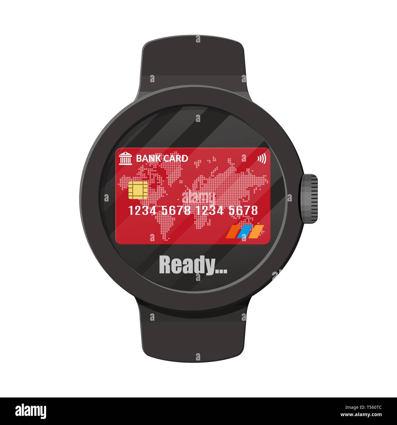 Reloj inteligente los pagos sin contacto. Smartwatch dispositivo moderno.  Inalámbrico, sin contacto, RFID o cashless pagos NFC. Ilustración vectorial  en estilo plano Imagen Vector de stock - Alamy