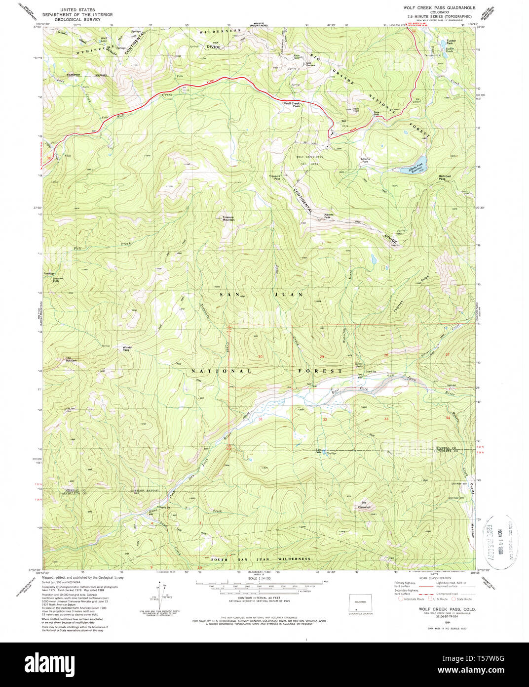 USGS Mapa TOPO Wolf Creek CO Colorado Pass 234958 1984 24000 Restauración Foto de stock