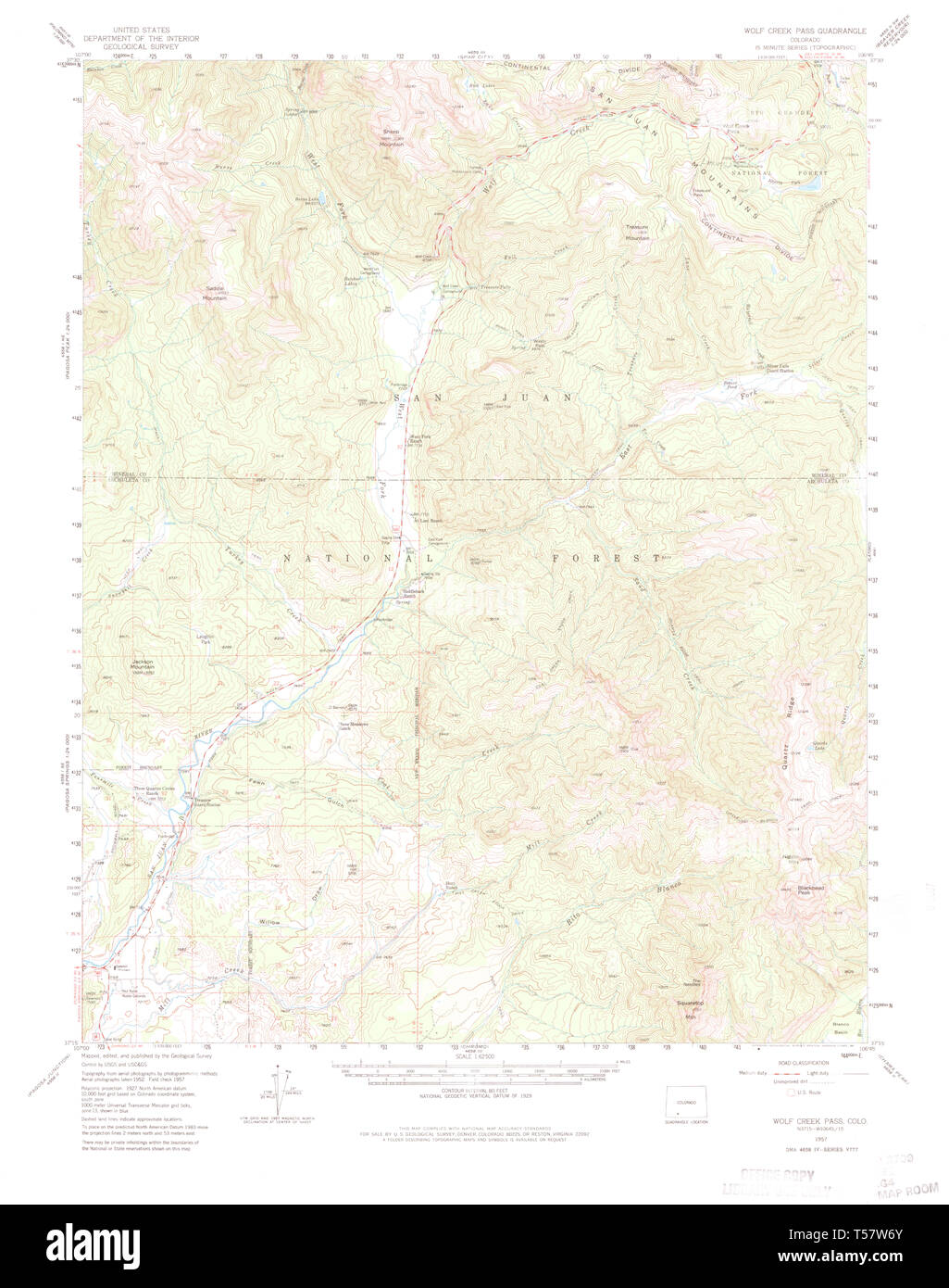 USGS Mapa TOPO Wolf Creek CO Colorado Pass 1957 62500 402579 Restauración Foto de stock