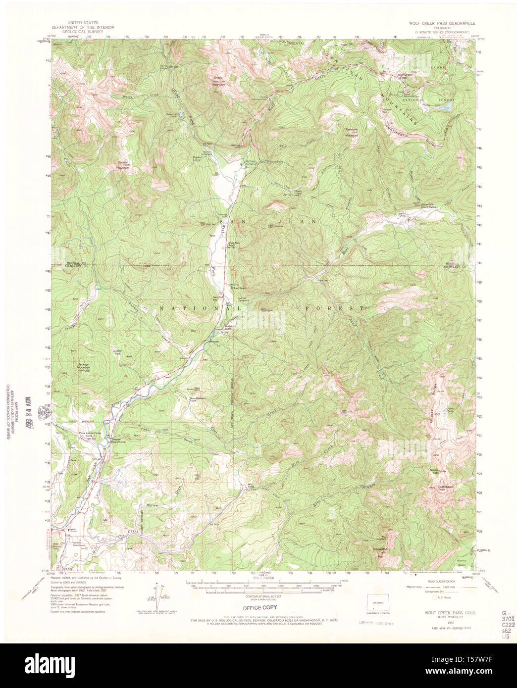 USGS Mapa TOPO Wolf Creek CO Colorado Pass 1957 62500 402583 Restauración Foto de stock