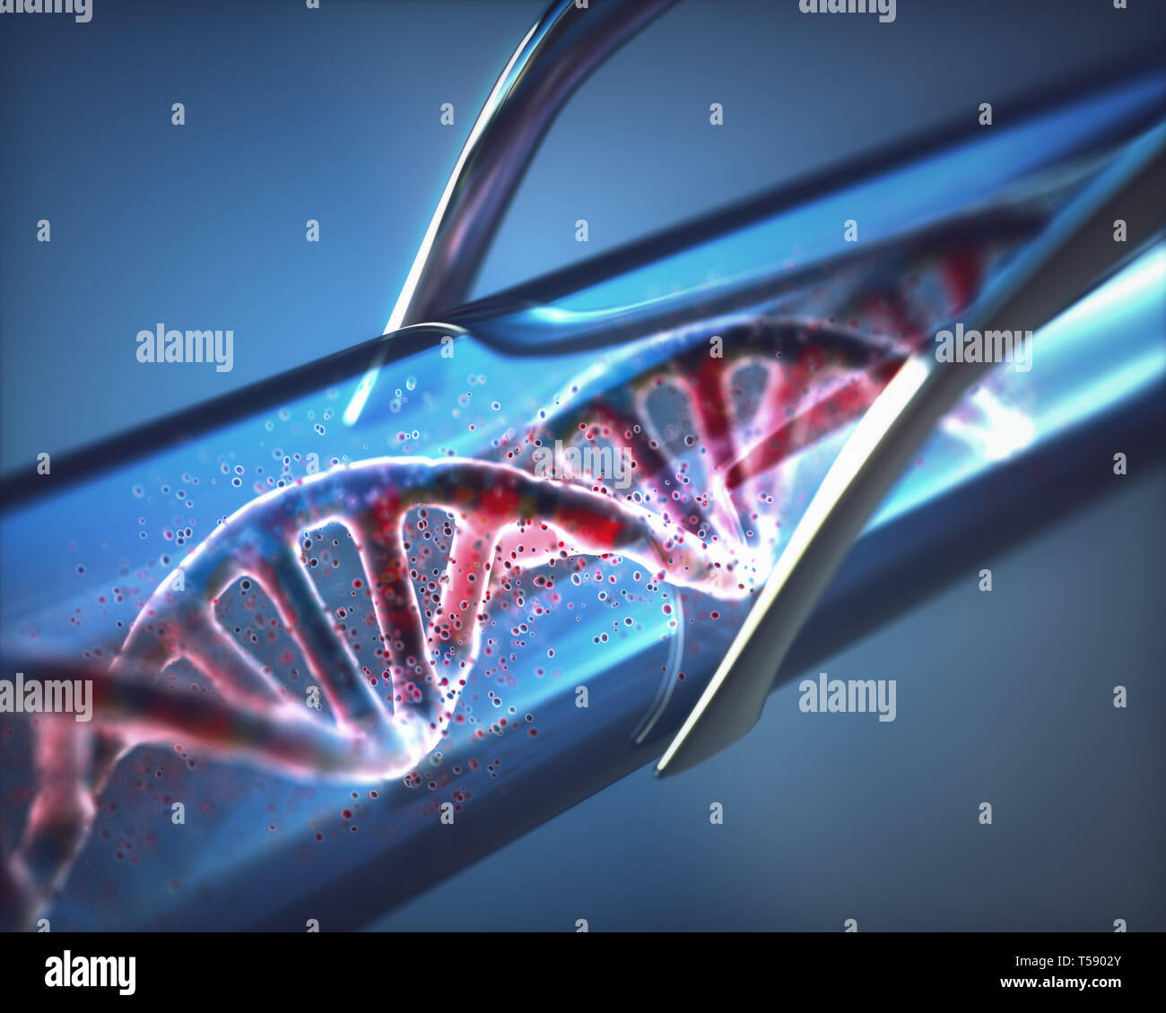 Ilustración 3D. Creación de ADN artificial dentro de un tubo de ensayo. Foto de stock