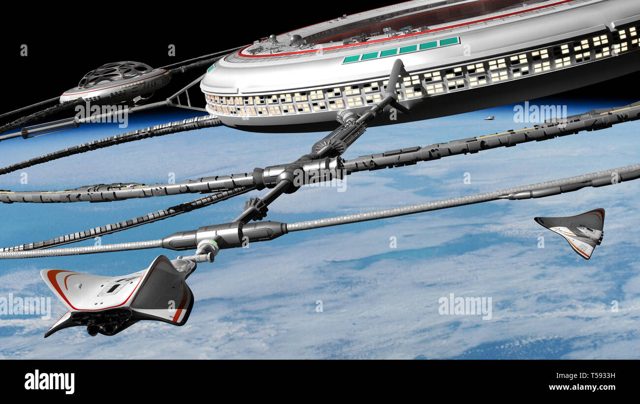 Estación espacial en órbita del planeta con la nave acoplada (3d ilustración de fondo de ciencia ficción, los elementos de esta imagen están amuebladas por la NASA. Foto de stock