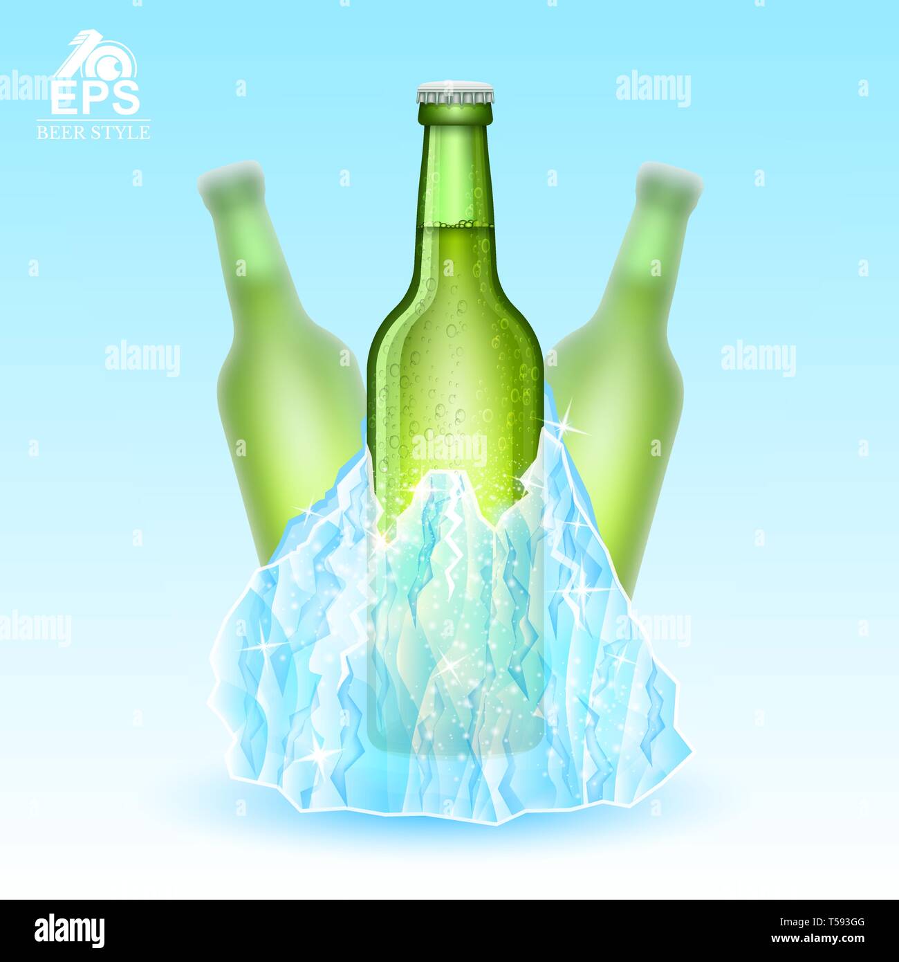 Tres maquetas realistas verde botella de cerveza congelada en iceberg