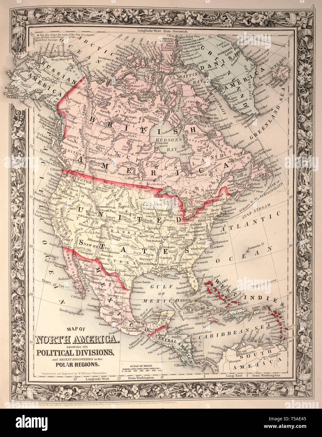 Vintage hermoso mapa dibujado a mano ilustraciones de Norteamérica desde el viejo libro. Puede ser utilizado como elemento decorativo o póster para el diseño de interiores. Foto de stock