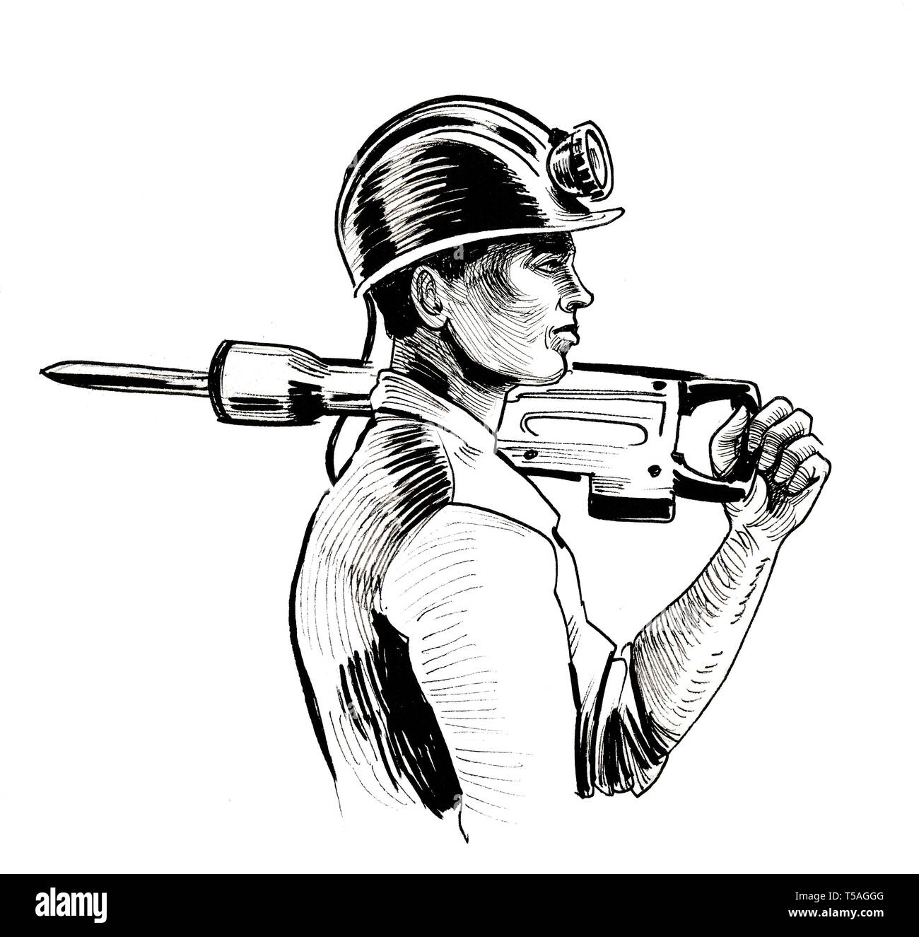 Miner con un martillo neumático. Dibujo en blanco y negro de tinta  Fotografía de stock - Alamy