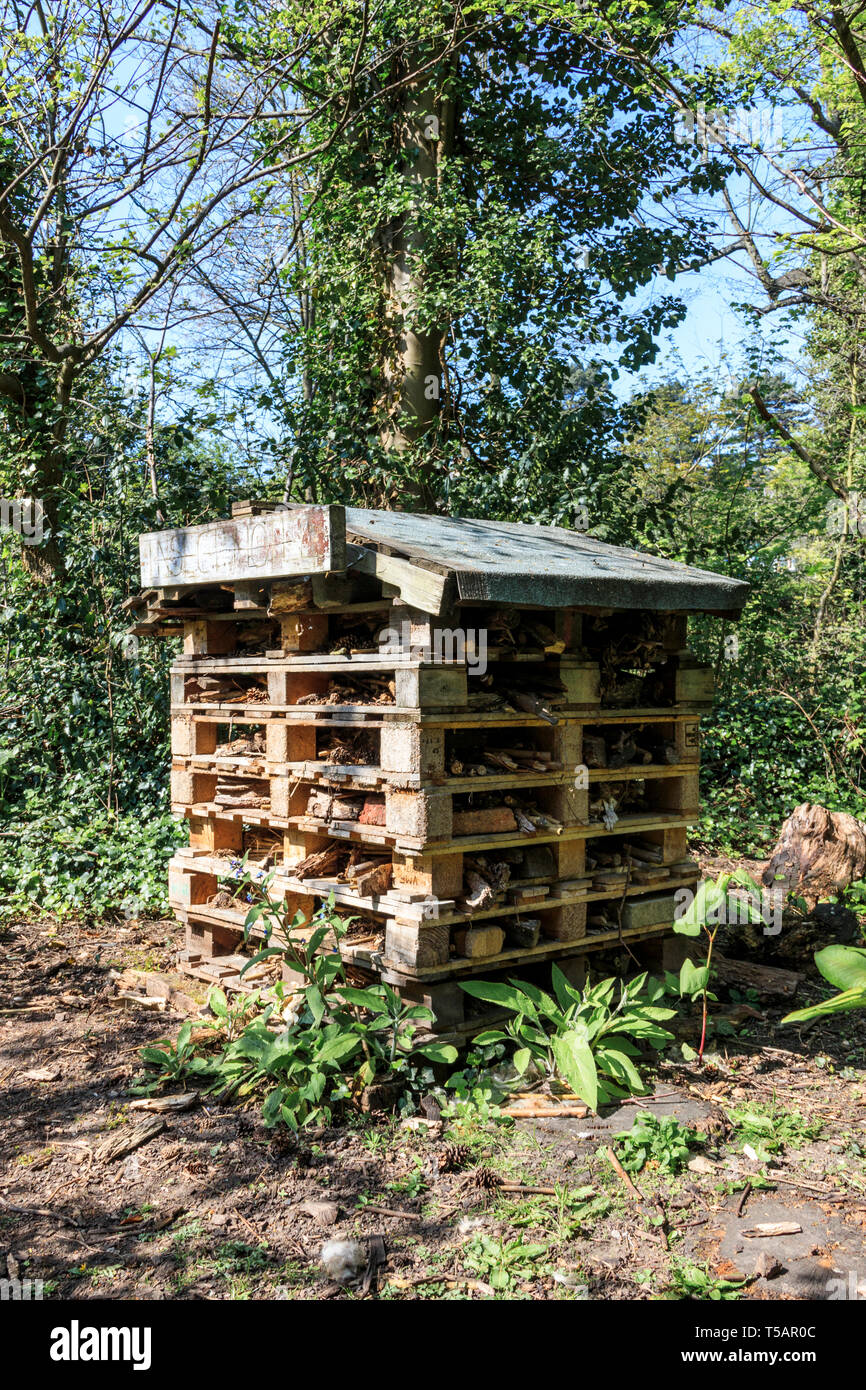 Un hotel "insecto" de paletas de madera antiguos para crear un hábitat de hibernación del insecto en un parque de Londres Foto de stock