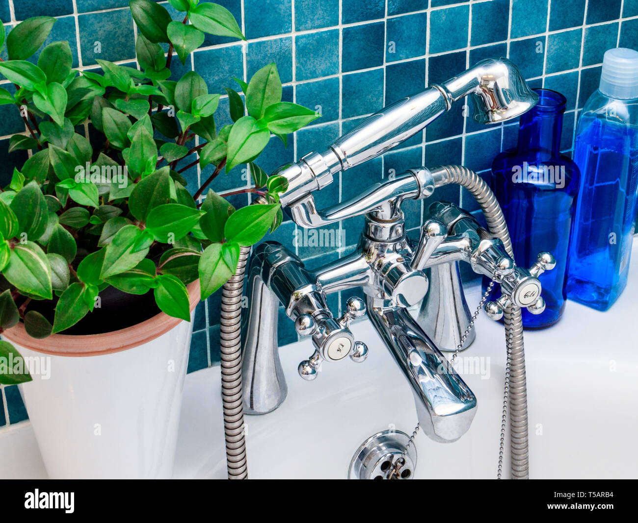 Cierre de grifos monomando cromada y cabezal de ducha de mano en un azul-verde baño revestido de azulejos con una planta de follaje y botellas de color azul Foto de stock