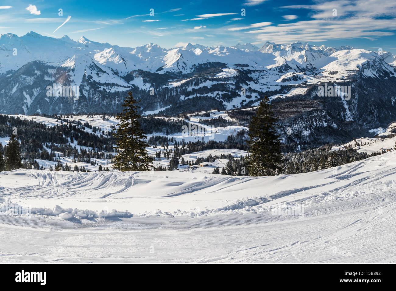 Paisaje invernal. La gente esquiando en Mythenregion ski resort, Ibergeregg, Suiza, Europa Foto de stock