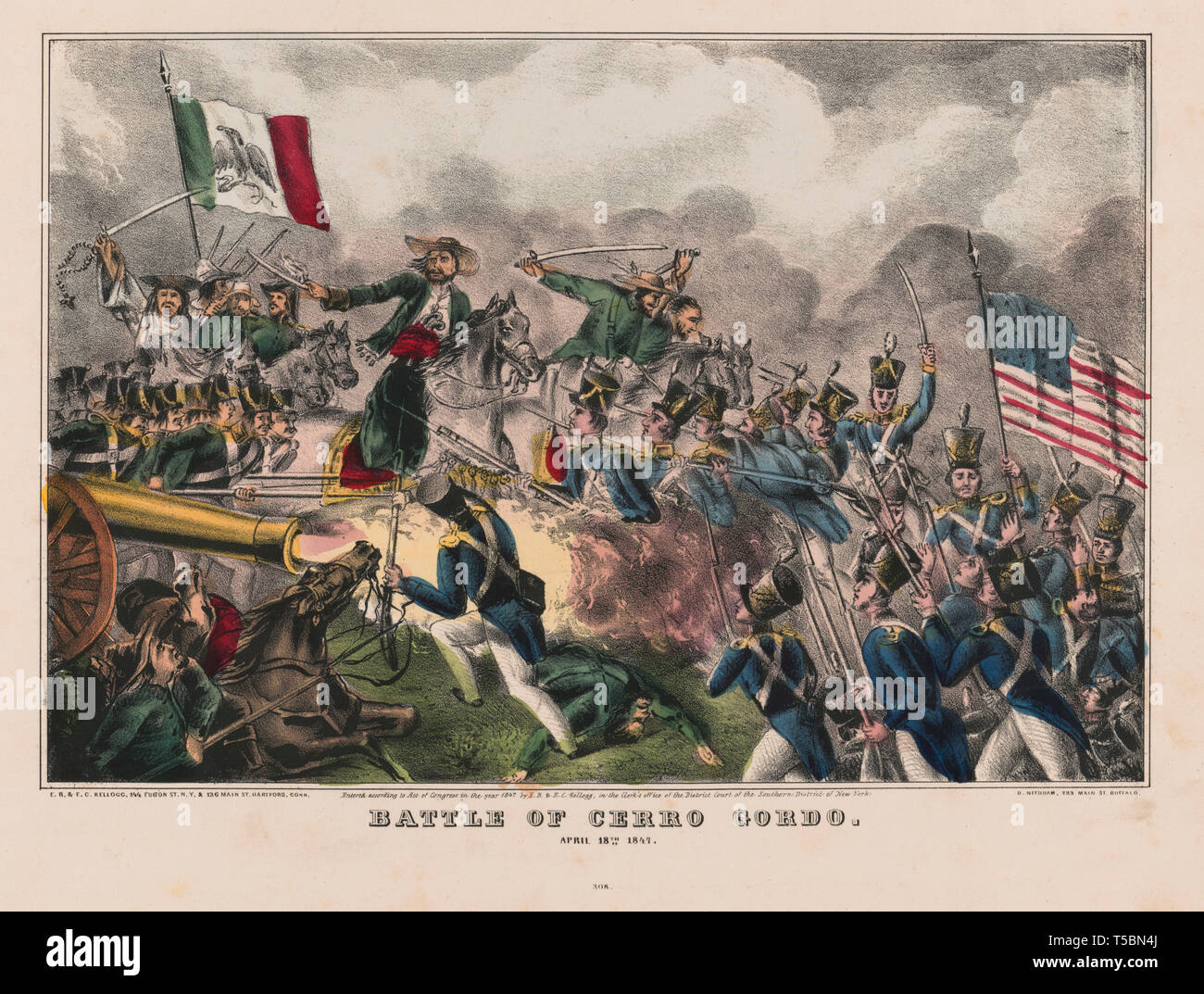 La batalla de Cerro Gordo, 18 de abril de 1847, soldados Americanos Mexicanos avanzando sobre la infantería y artillería y caballería, Batalla de Cerro Gordo, México, litografía, E.B. & E.C. Kellogg, 1847 Foto de stock