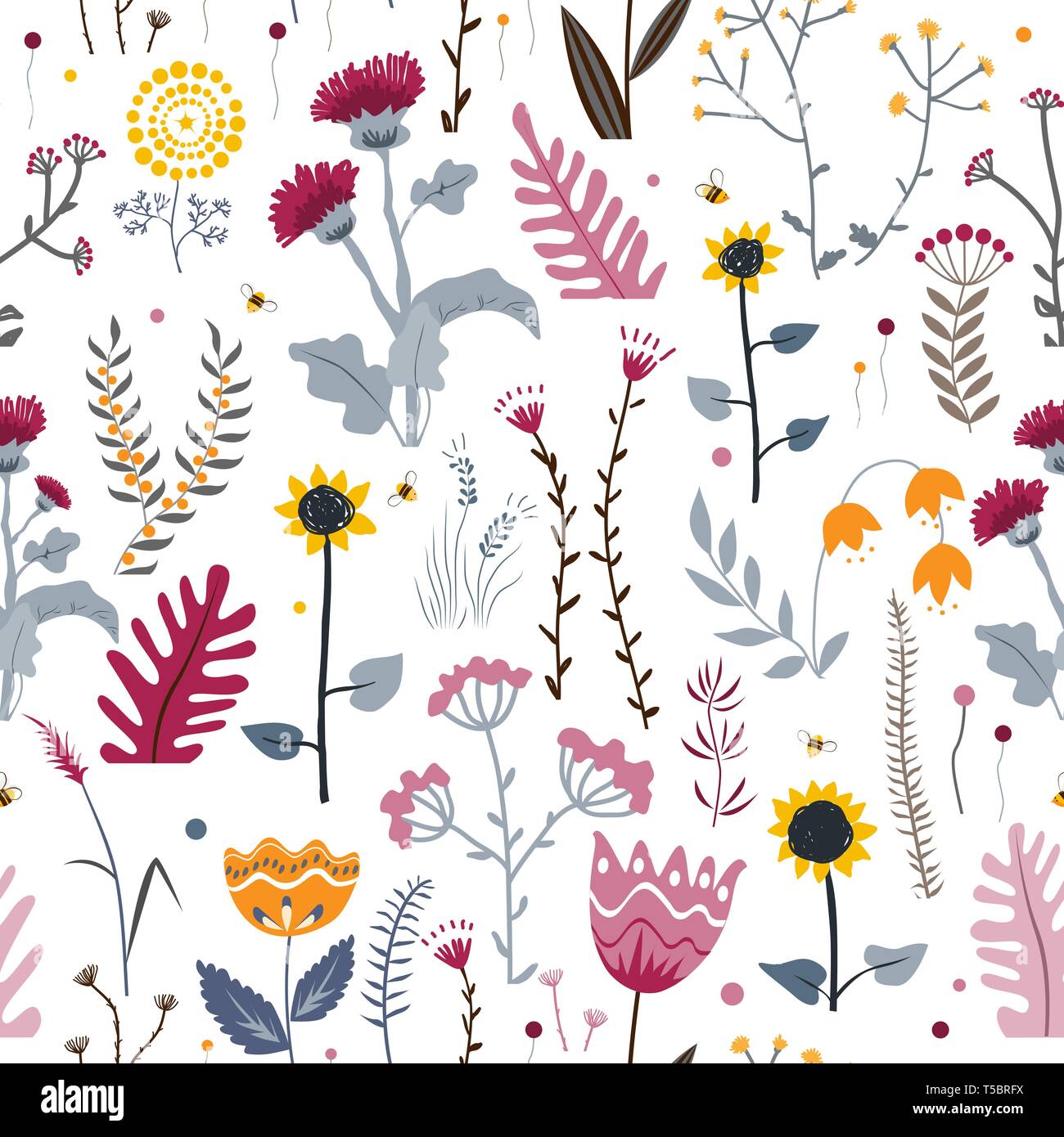 Naturaleza vectorial de fondo sin fisuras dibujadas a mano con hierbas silvestres, flores y hojas en blanco. Doodle style Ilustración del Vector