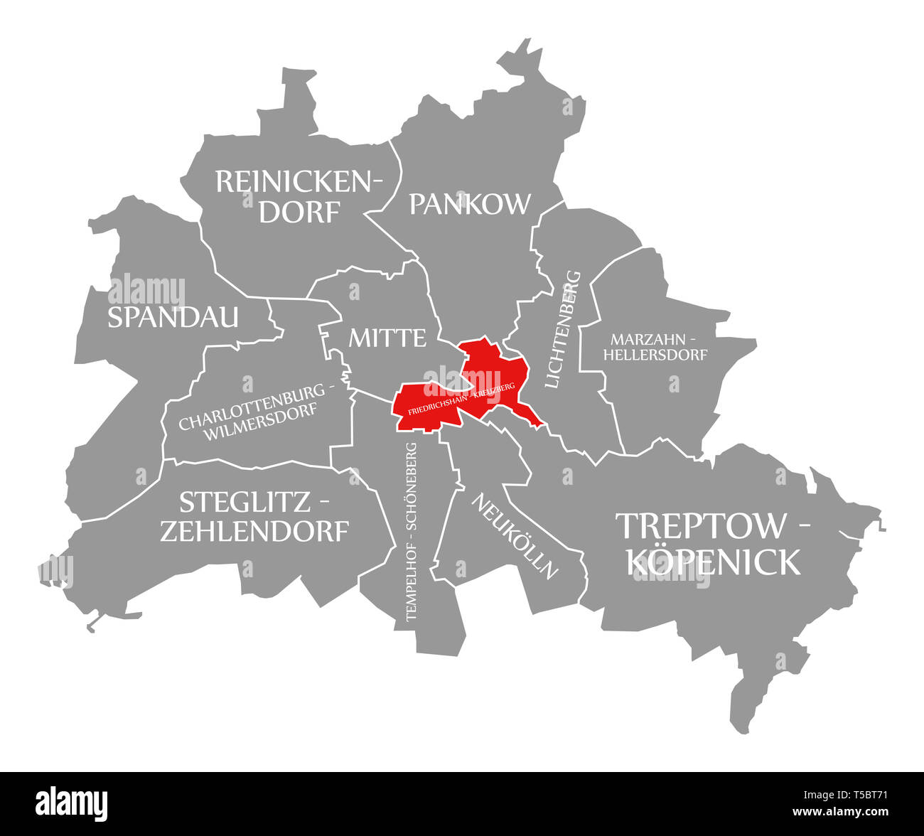 Distrito de la ciudad de Friedrichshain-Kreuzberg resaltada en rojo en el mapa de Berlín ALEMANIA Foto de stock