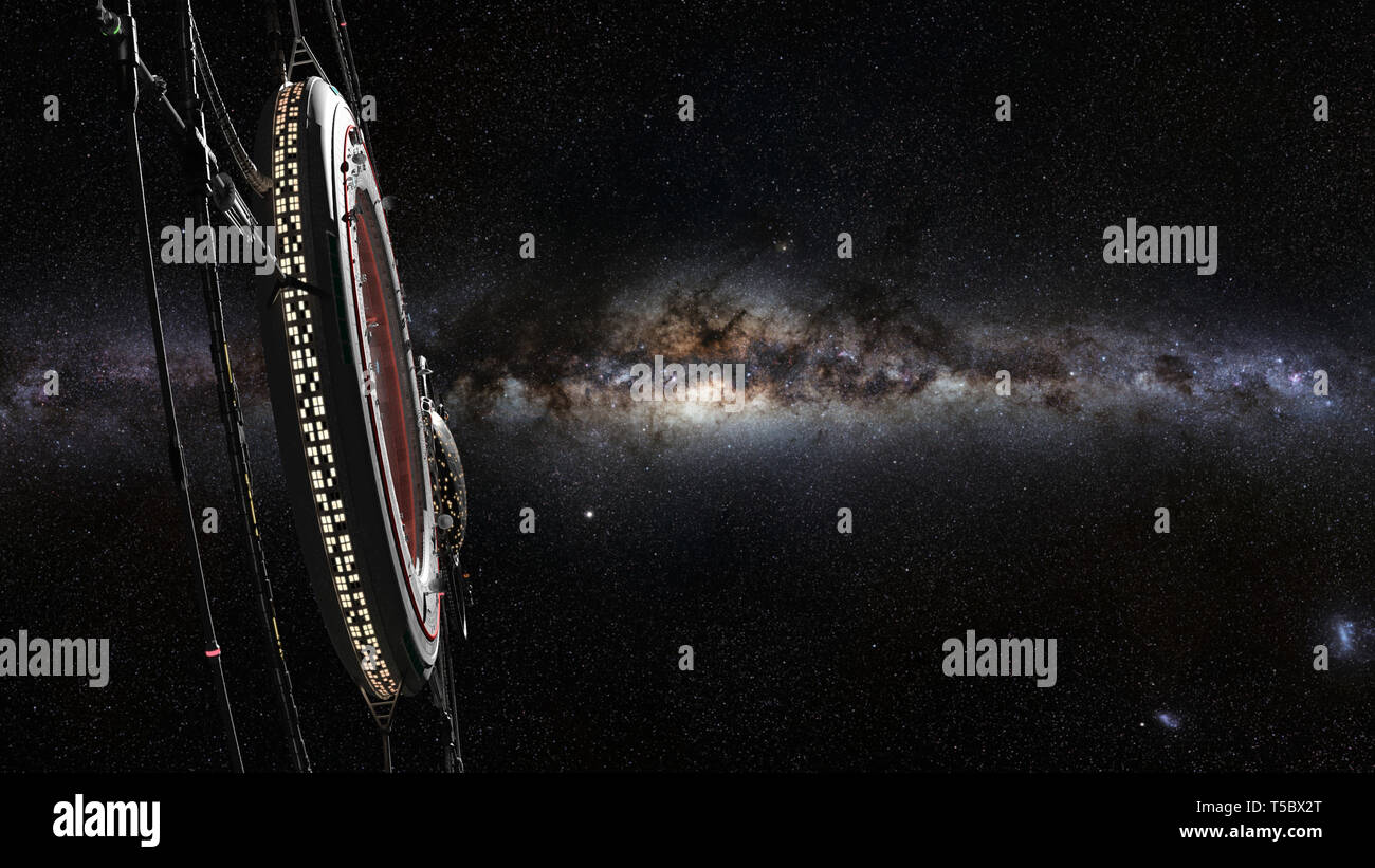 Estación Espacial, hábitat futurista en frente de nuestra galaxia, la Vía Láctea (ilustración de ciencia ficción en 3D) Foto de stock