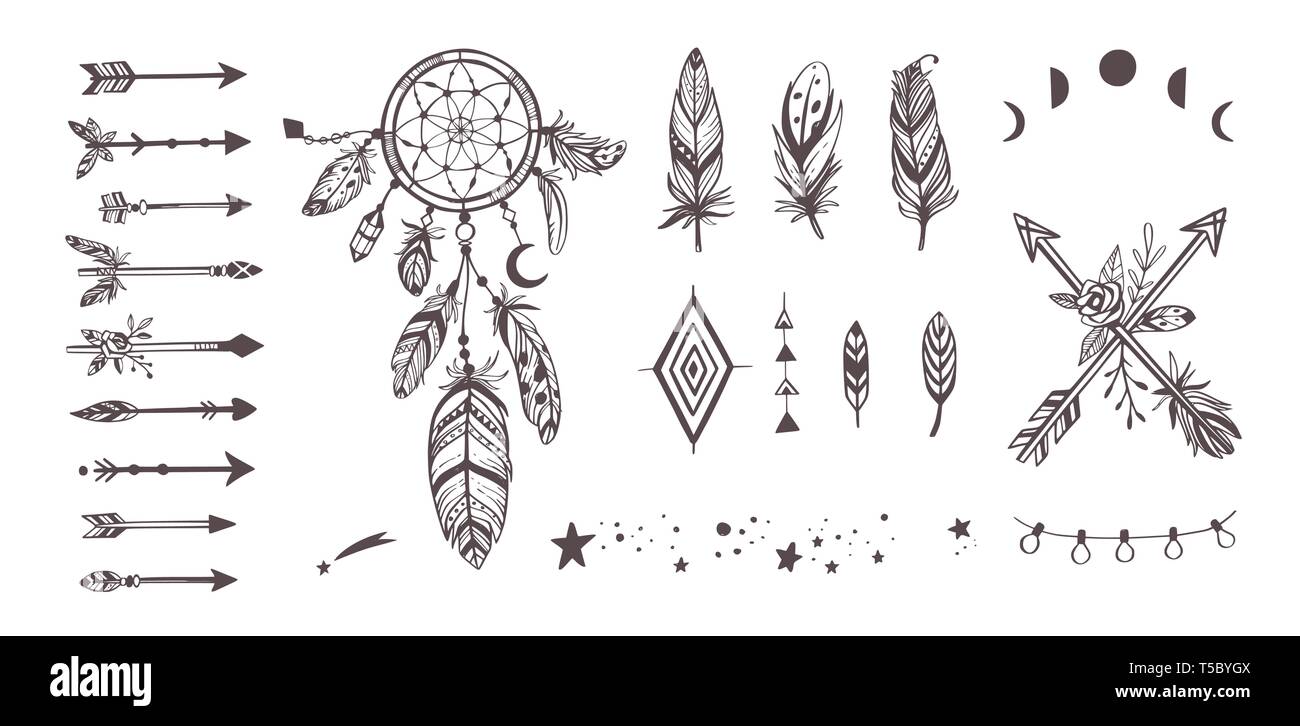 Colección de vectores estilo boho para tatuaje, icono, volantes, tarjetas  con atrapasueños ,plumas,luna,wild,Flechas bohemio conjunto tribal Imagen  Vector de stock - Alamy