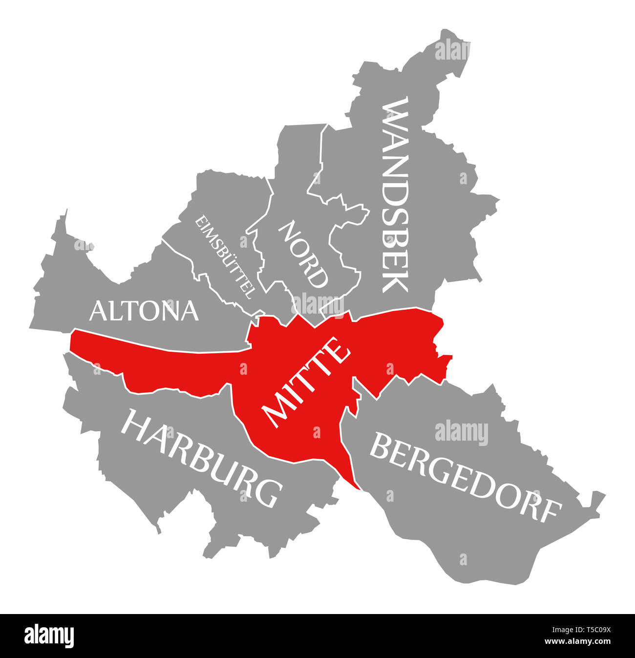 Distrito de la ciudad de Hamburg Mitte resaltada en rojo en el mapa de