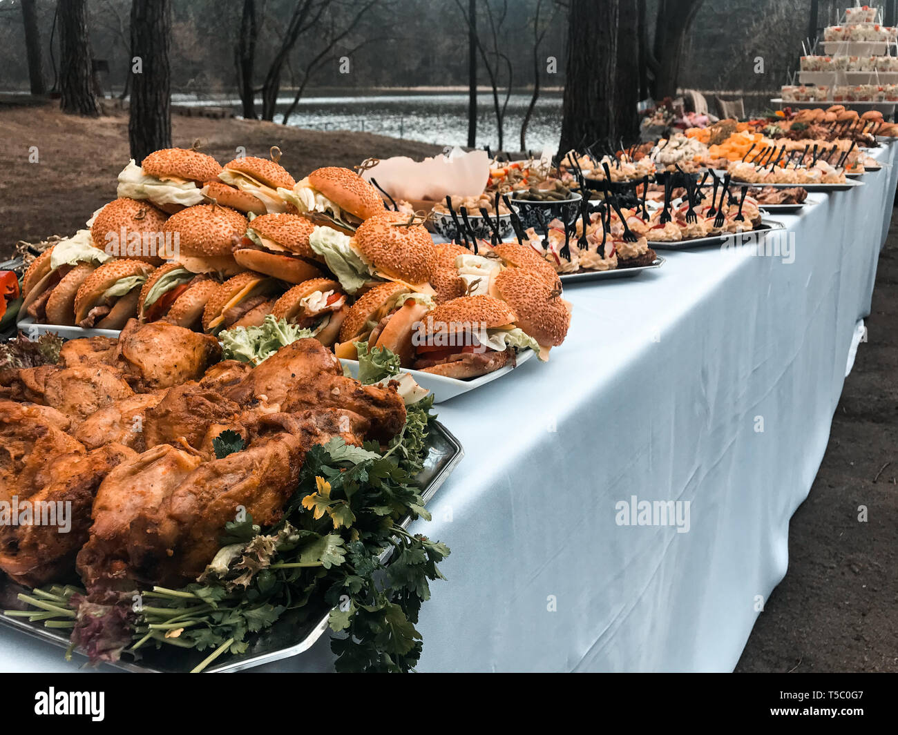 Boda mesa de buffet con comida. Hamburguesas, pollo, platos de comida  rápida Fotografía de stock - Alamy