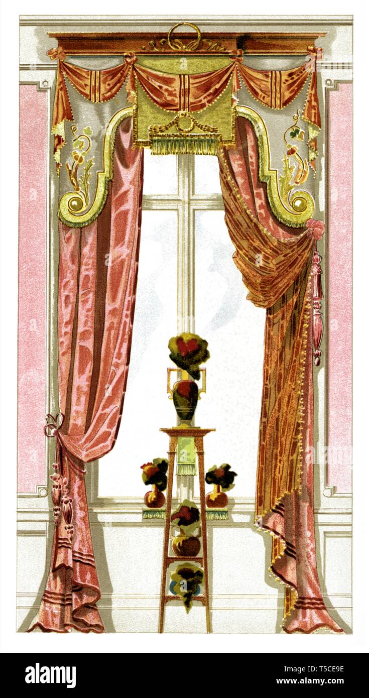 Comedor de la decoración de las ventanas. Ilustración vintage Art Nouveau. Por cortinas modernas 1900 Foto de stock