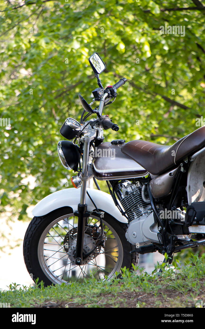 Elegante Vintage motos aparcadas en la primavera la naturaleza antecedentes, vista de ángulo bajo Foto de stock