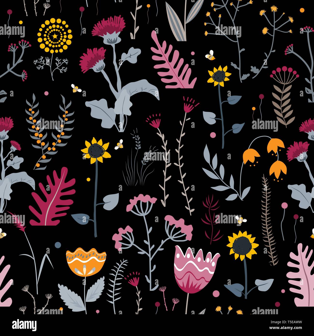 Naturaleza vectorial de fondo sin fisuras dibujadas a mano con hierbas silvestres, flores y hojas en negro. Doodle estilo ilustración floral Ilustración del Vector