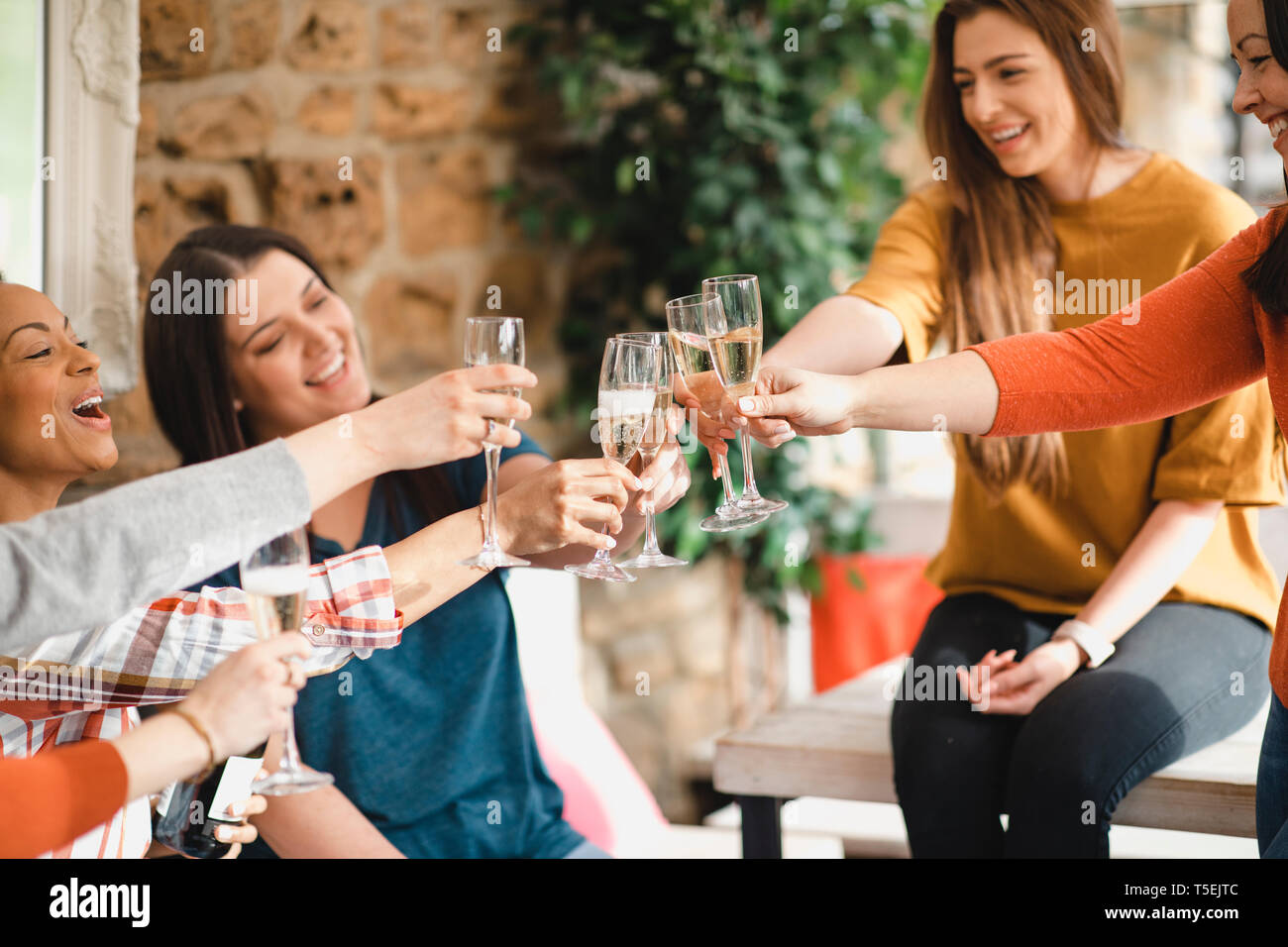 Un pequeño grupo de amigas celebrando con una copa de champán. Están haciendo un brindis de celebración. Foto de stock