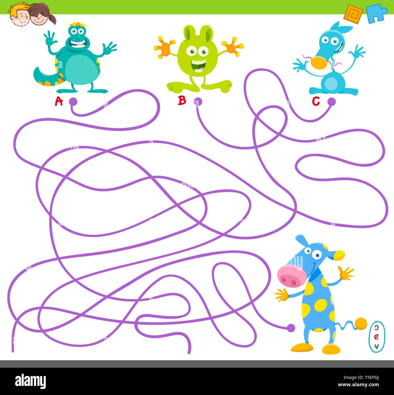 Ilustración de dibujos animados de líneas laberinto Puzzle juego de  actividad con graciosos monstruos o personajes de fantasía Imagen Vector de  stock - Alamy