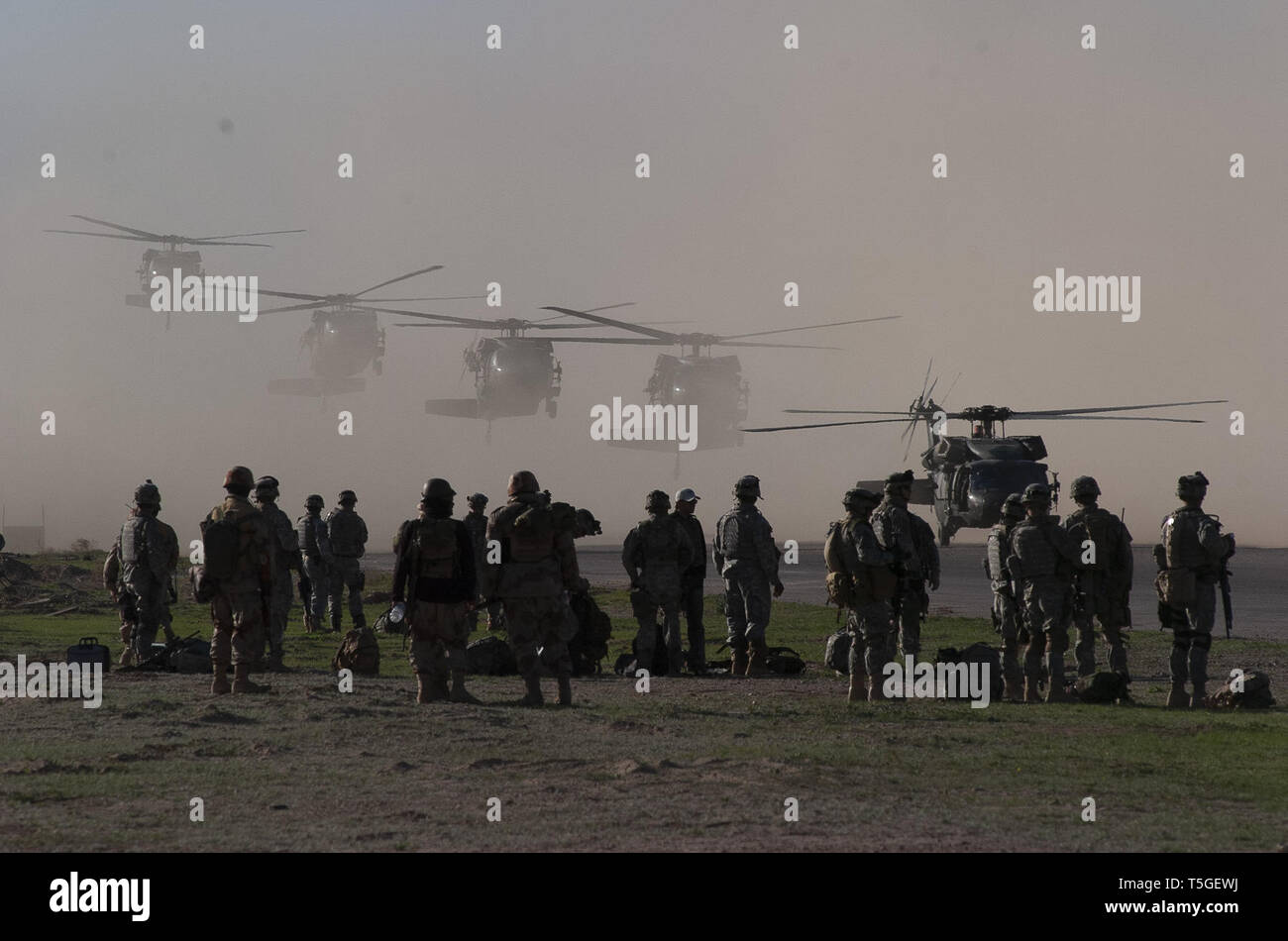 Iraq. 16 Mar, 2006. American helicópteros Black Hawk UH-60 aterrizar en una base de operaciones avanzada americana cerca de Tikrit, Irak, a la espera de ferry American y soldados de la 101ª aerotransportada y 4 divisiones de infantería y tropas iraquíes a zonas de aterrizaje para la operación Swarmer, 16 de marzo de 2006.Casi 1.500 soldados estadounidenses e iraquíes, 50 helicópteros de transporte y ataque, 200 vehículos terrestres estaban fuera durante la operación noreste de ad-Dawr y Samarra, Iraq, buscando los escondites de armas y sospechosos de ser insurgentes. Fue la misión de asalto aéreo largetst realizadas desde 2003. (Crédito de la Imagen: © Bill Putnam/ZUMA W Foto de stock