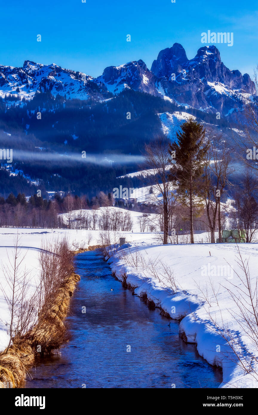 Austria, Tirol, Valle Tannheim, Río en invierno Foto de stock