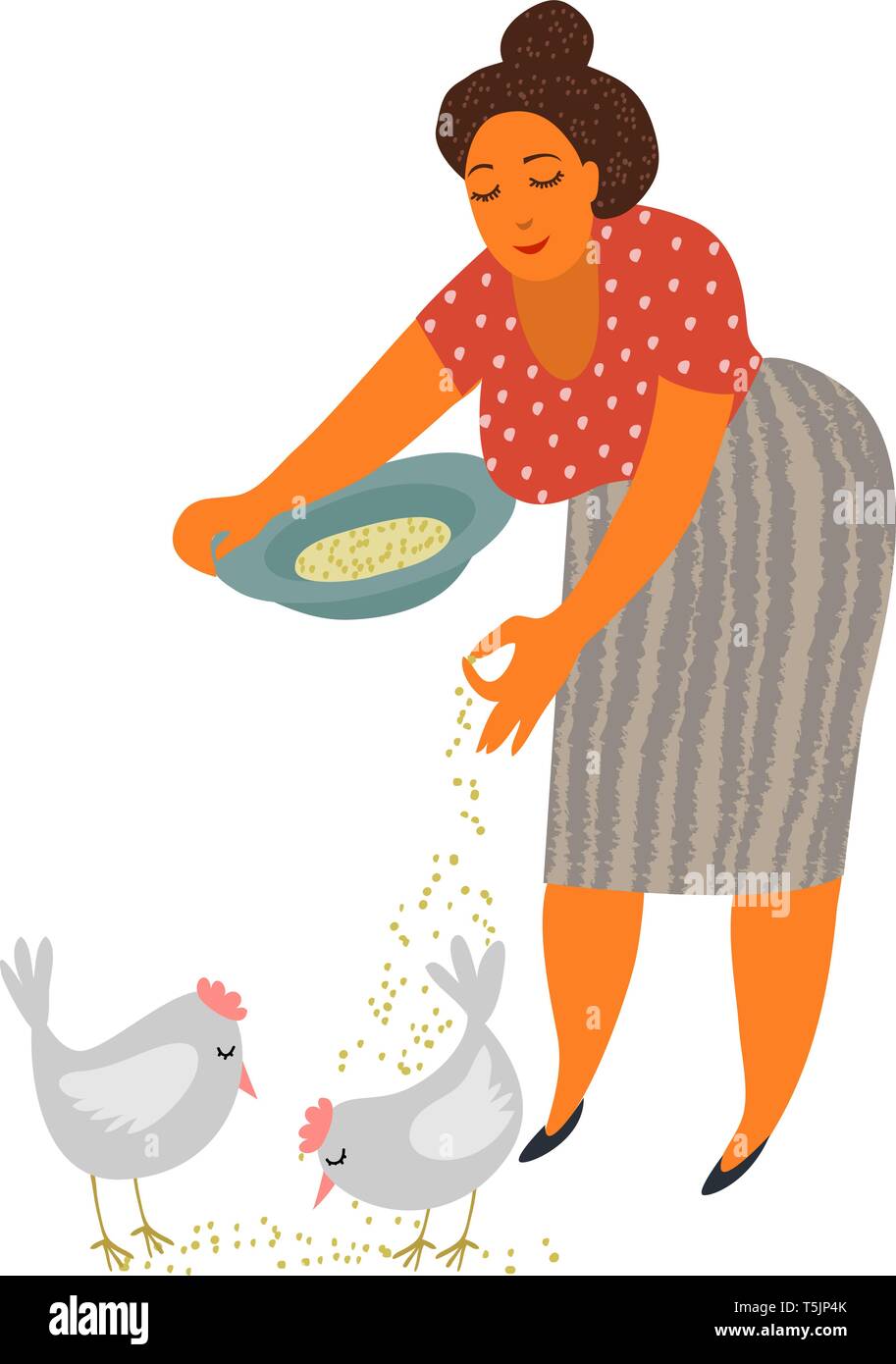 Mujer alimentando pollos, la agricultora teniendo cuidado de animales de granja, aves de corral ilustración vectorial Ilustración del Vector