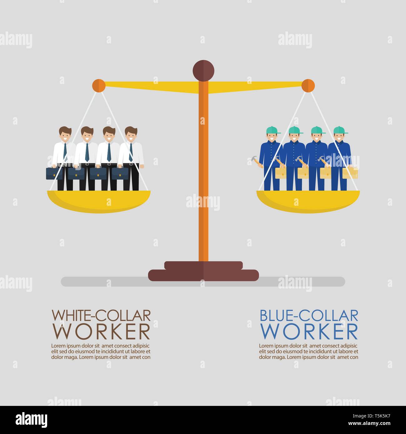 Comparación entre trabajadores de cuello blanco y azul sobre balanza infográfico. Concepto Busiess Ilustración del Vector