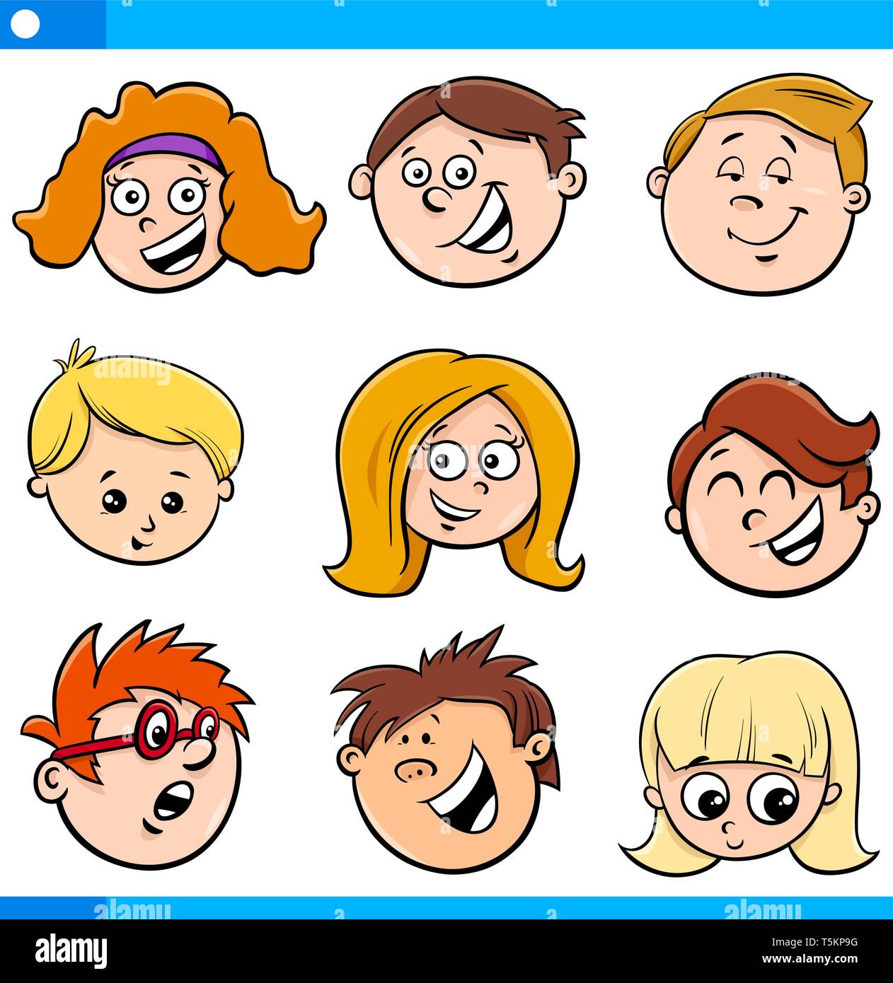 Ilustración de dibujos animados de Felices los Niños o adolescentes  caracteres caras Set Imagen Vector de stock - Alamy