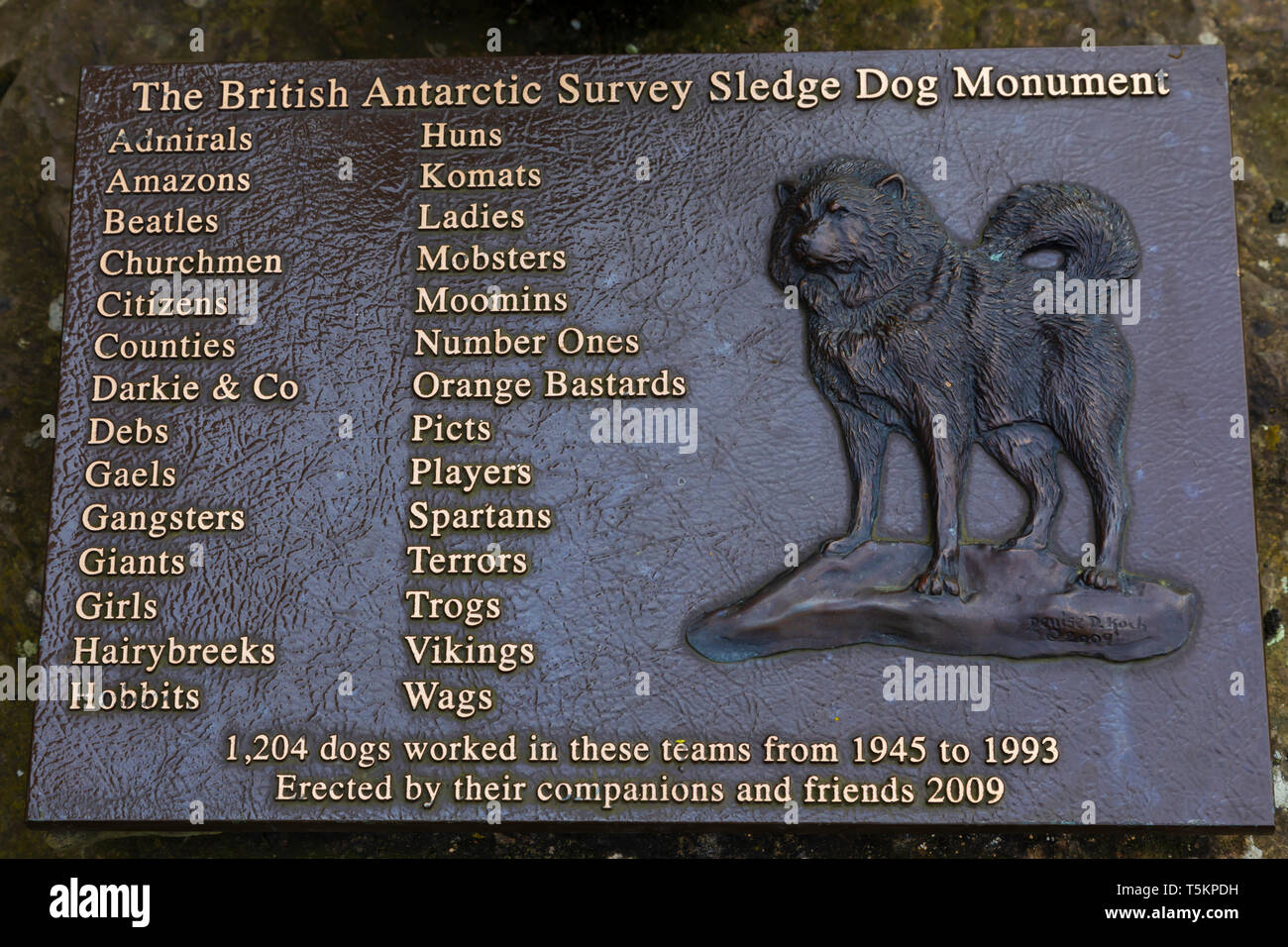 Monumento a los equipos de perros de trineo Scott Antarctic Survey del Instituto Scott de Investigación Polar, Hills Road, Cambridge, Cambridgeshire Foto de stock