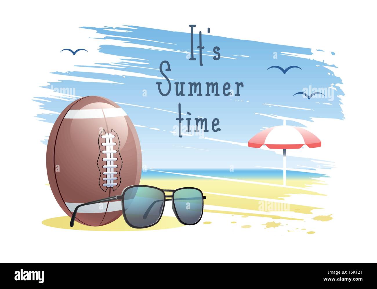 Es la hora de verano. La tarjeta de los deportes. Balón de fútbol americano con gafas de sol y sombrillas en la playa de arena de fondo. Ilustración vectorial. Ilustración del Vector